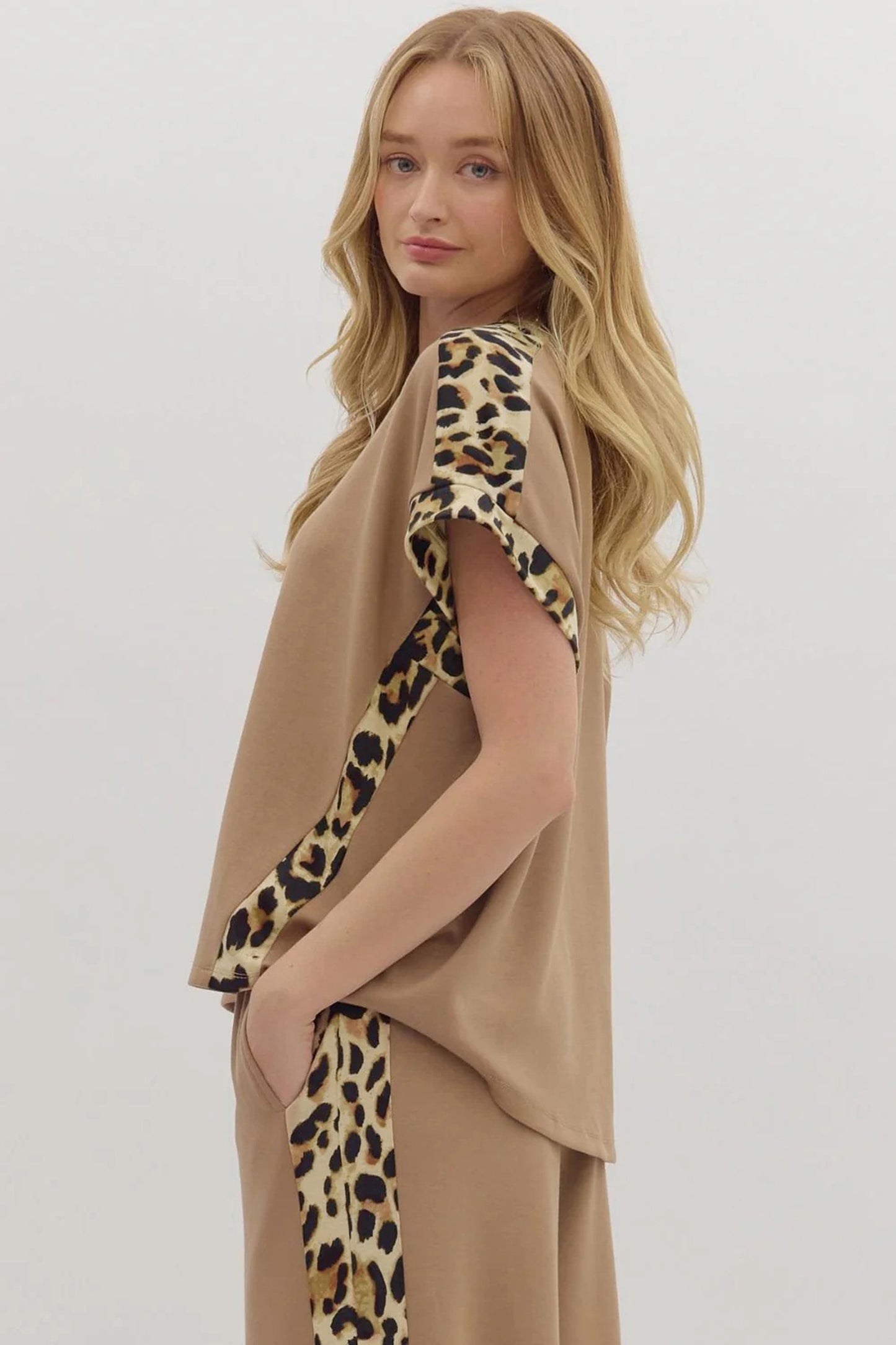 Sea Green Leopard Trim Round Neck Loose T Shirt