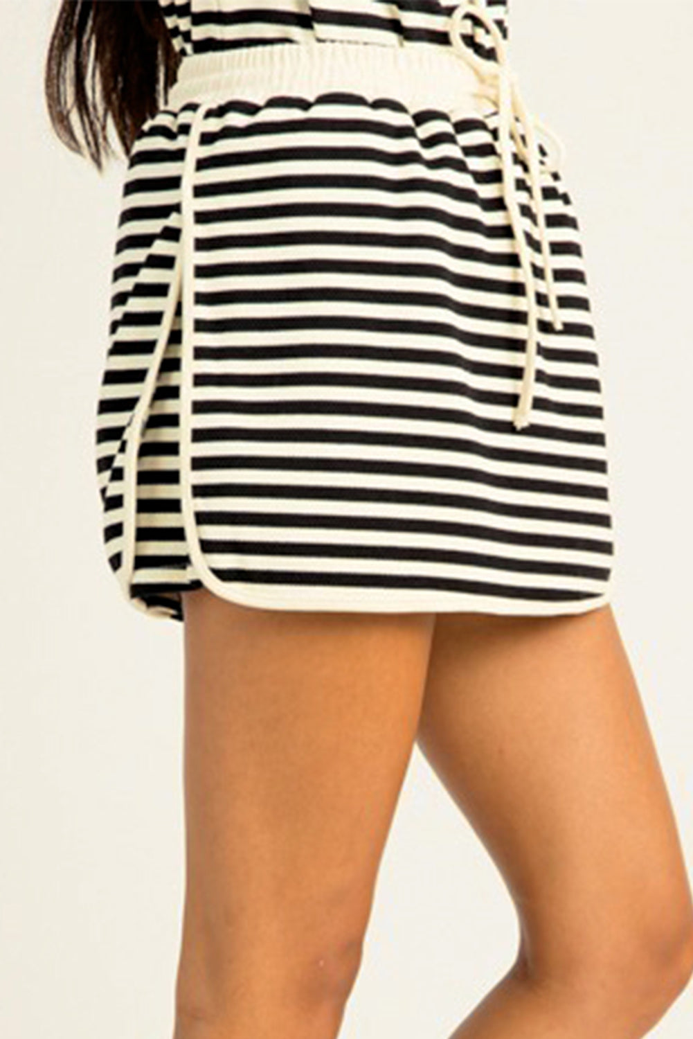 Black Stripe Textured Drop Shoulder Pullover Top Drawstring Mini Skort Two Piece Dress Set