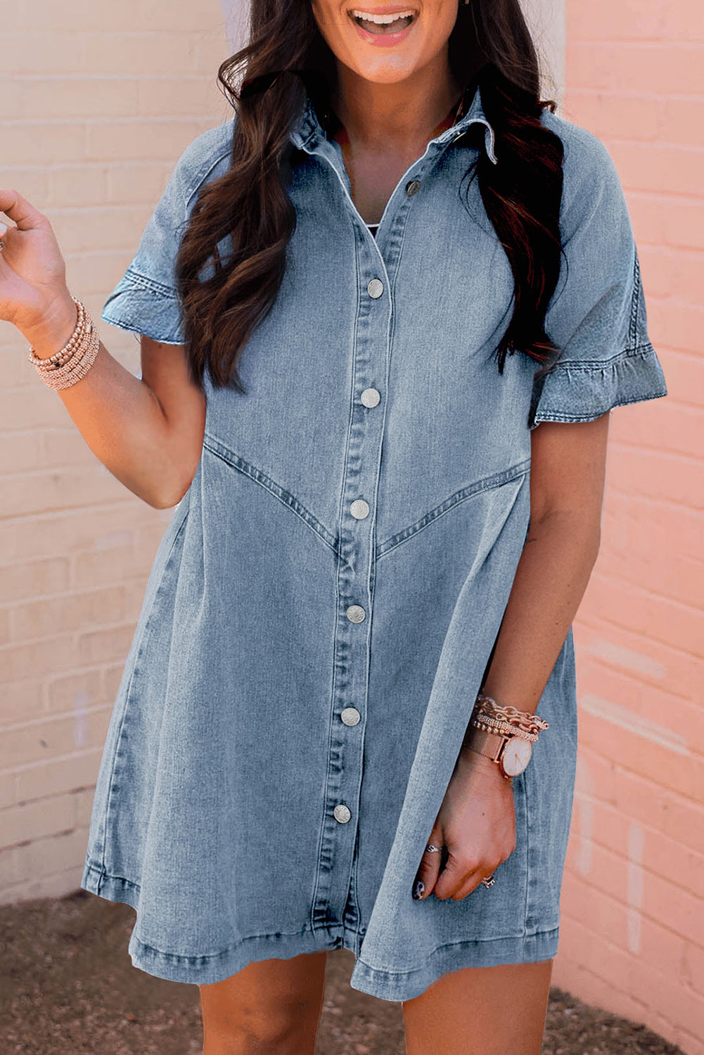 Dark Blue Short Sleeve Button Up Loose Denim Shirt Dress