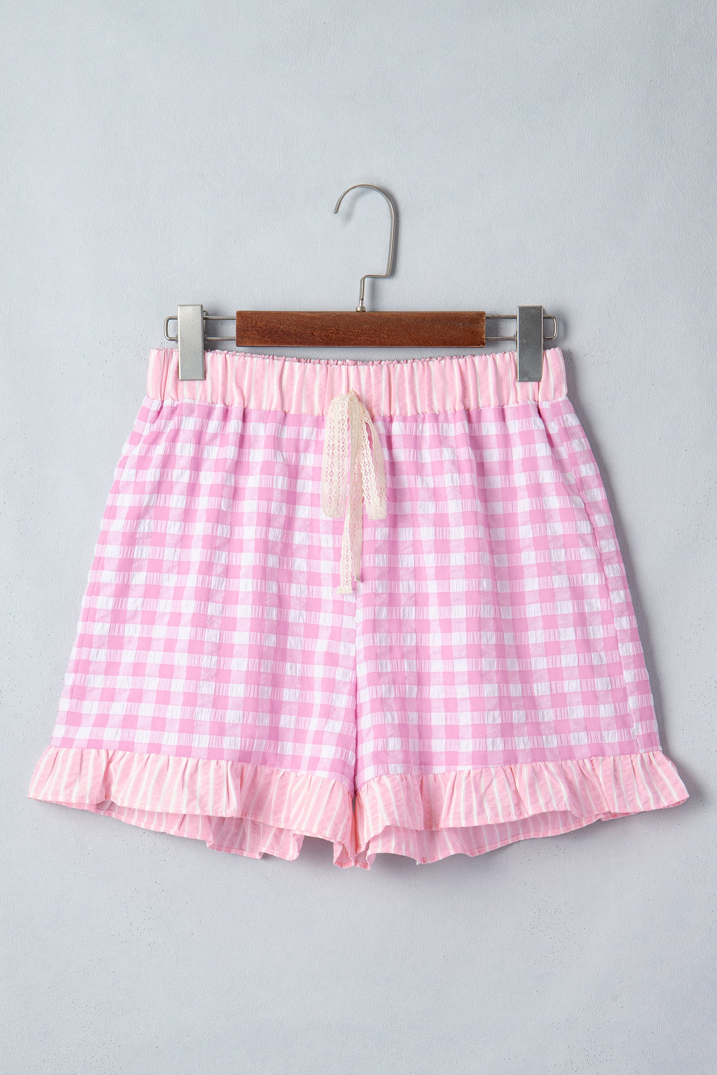 Red Gingham Print Ruffle Striped Detail Lace Tie Shorts