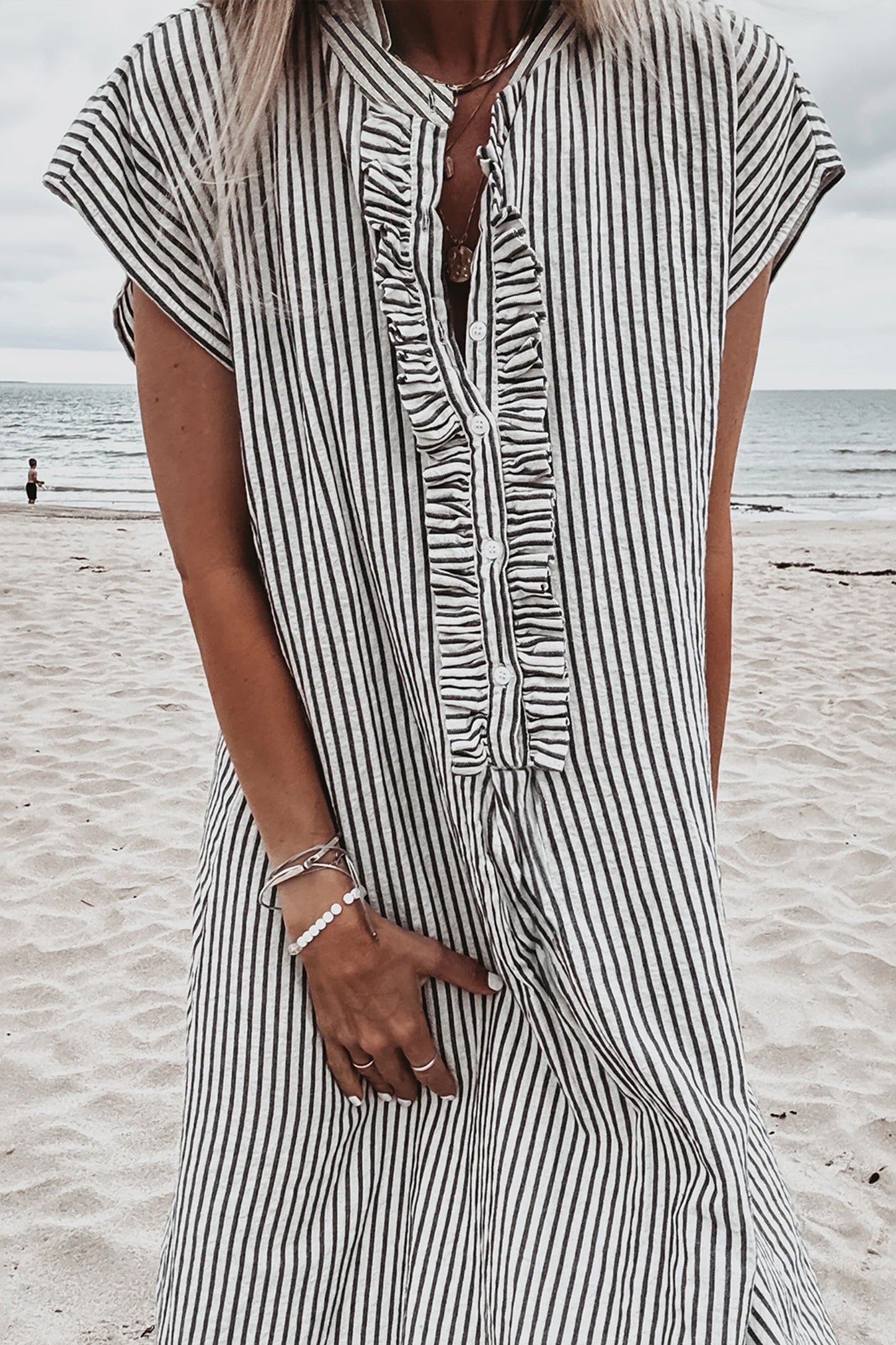 Red Stripe Frilled Detail Half Buttons Short Sleeve Long Dress