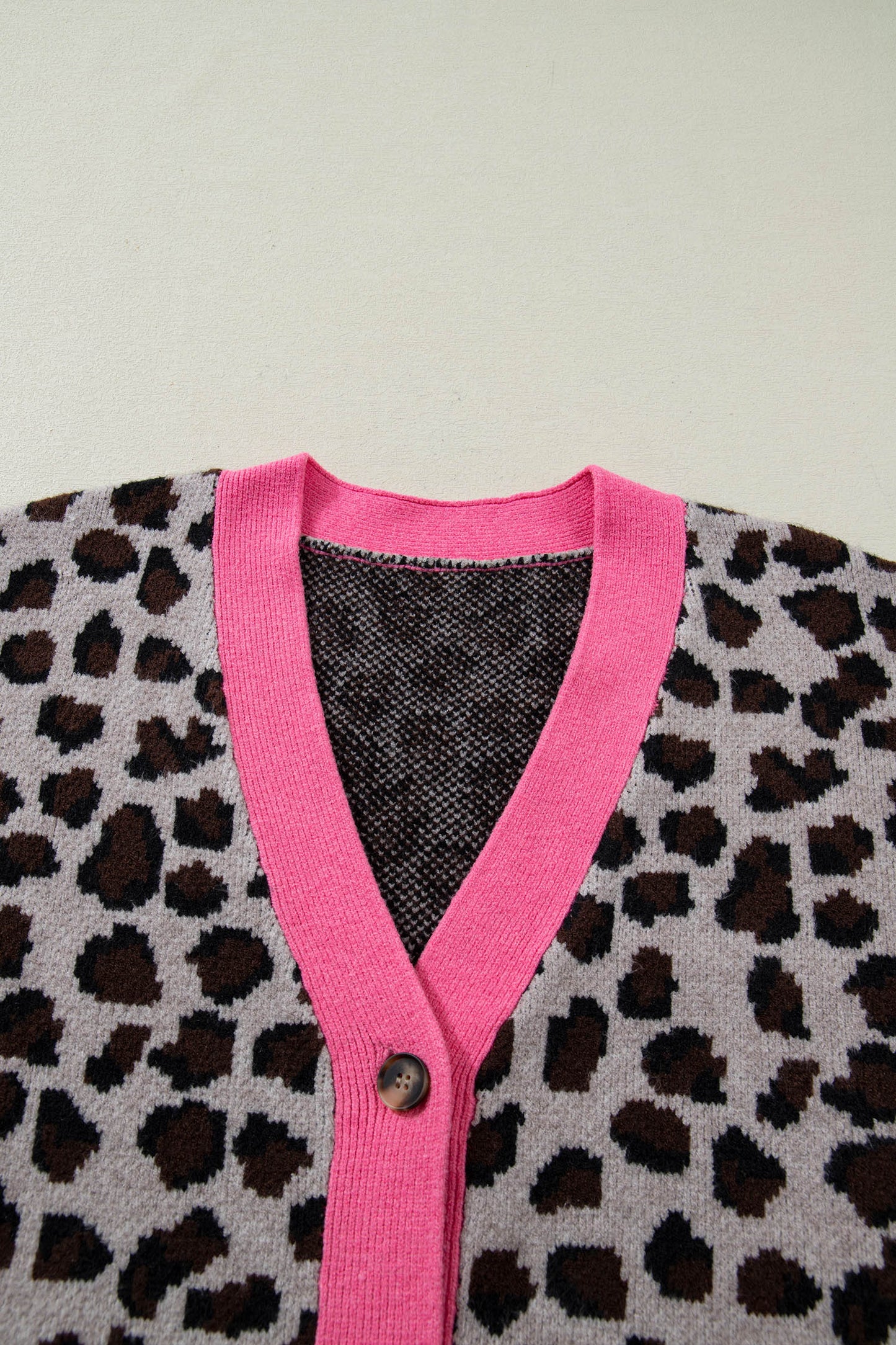 Khaki Oversize Color Block Trim Button Down Leopard Print Cardigan