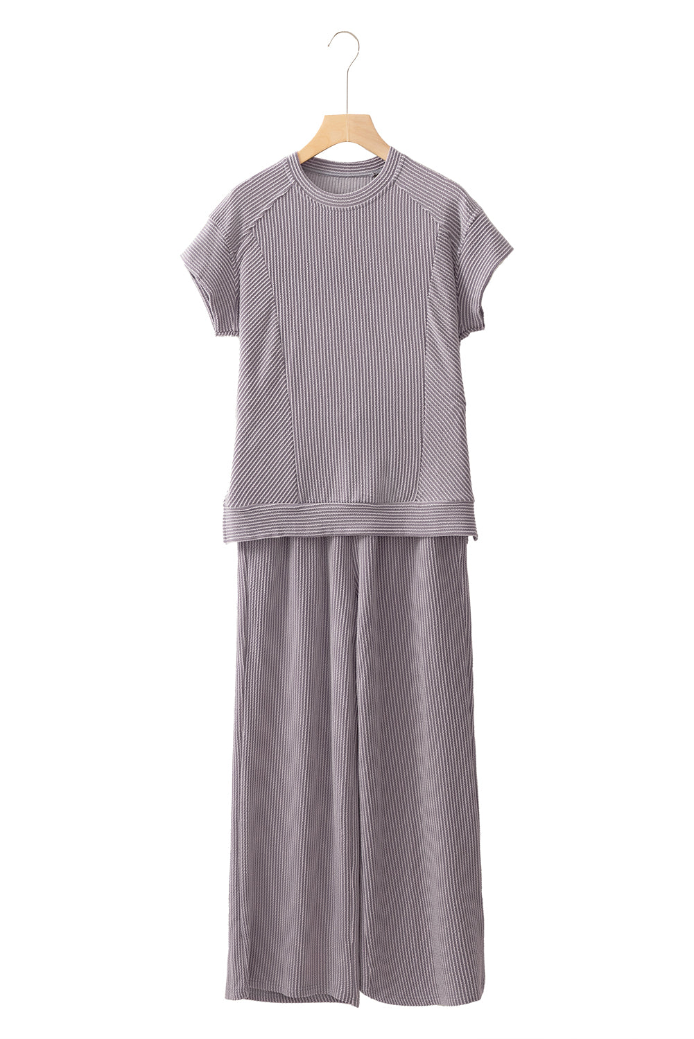 Bright Green Solid Corded T Shirt and Wide Leg Pants Set