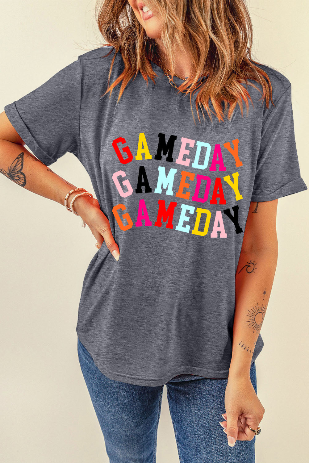 Gray GAMEDAY Letter Heat Transfer Printing Crewneck T Shirt
