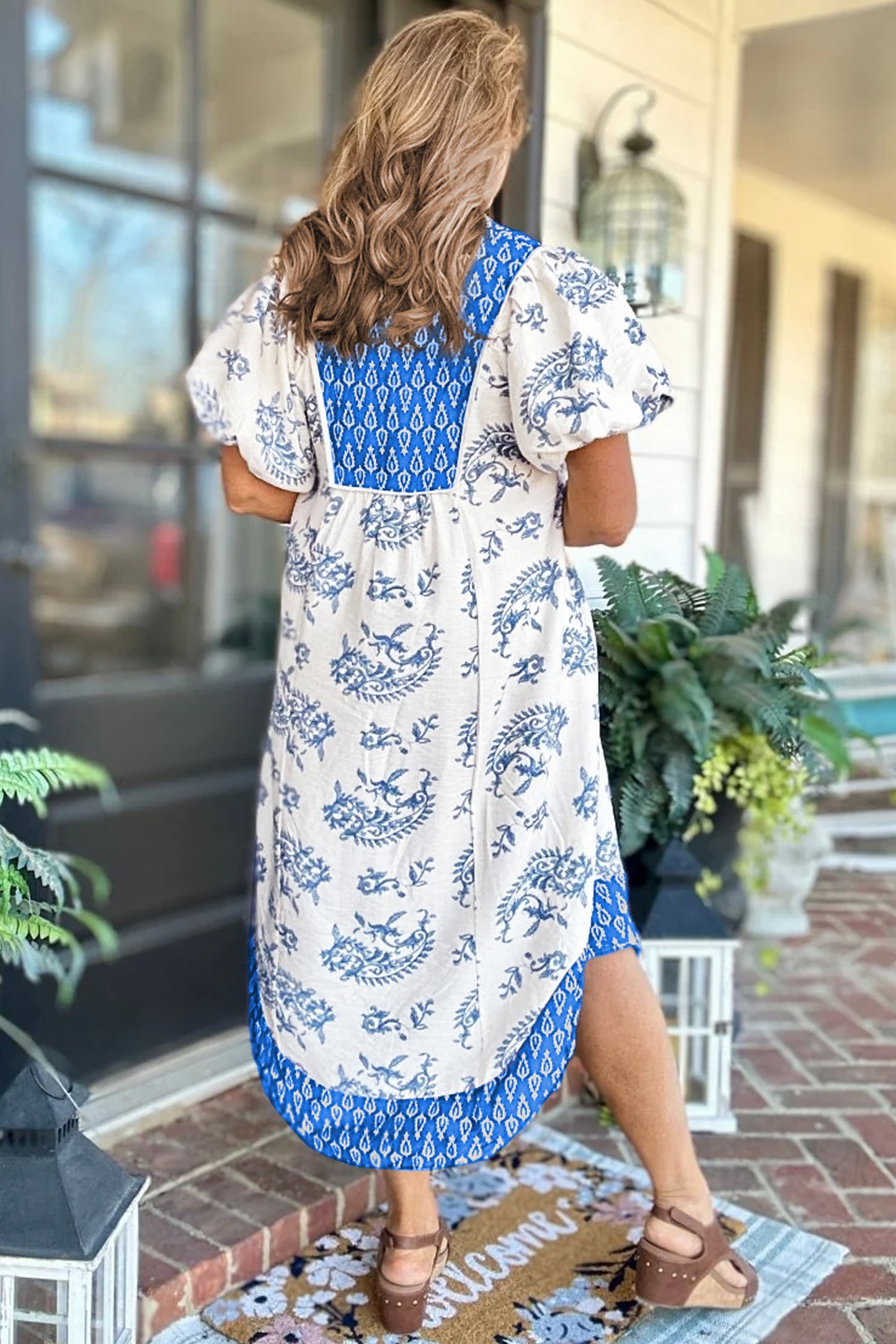 Sky Blue  Plus Size Floral Print Contrast Boho Patchwork V Neck Loose Midi Dress
