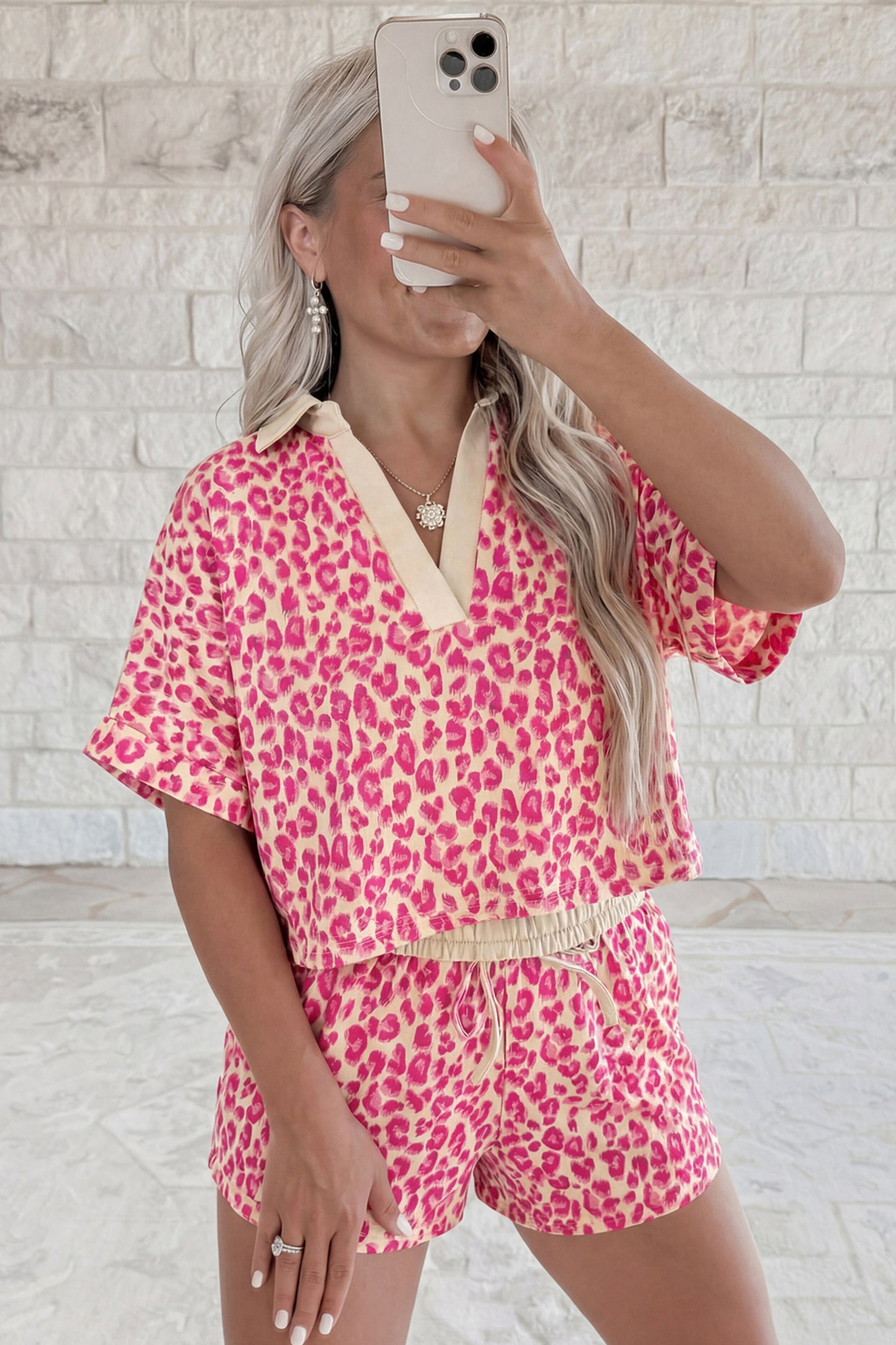 Khaki V Neck Collar Leopard Printed 2pcs Short Set