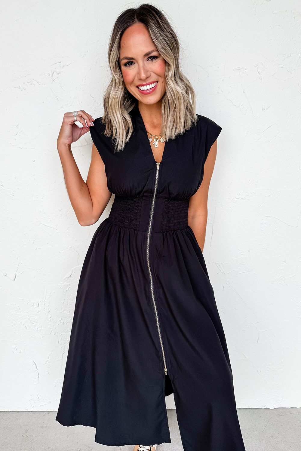 Black Sleeveless Zipped Front V Neck Shirred Waist Midi Dress