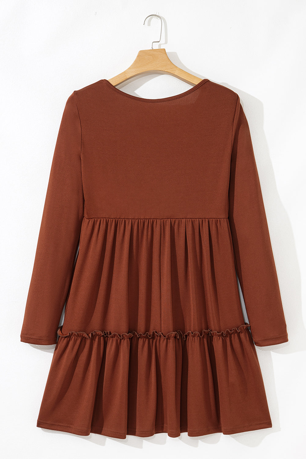 Straw Yellow Ribbed Frilled Trim High Waist Long Sleeve Mini Dress