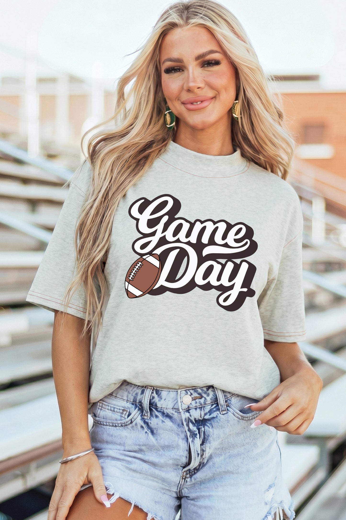 Light Grey Rugby/ Game Day Double Side Printed Mock Neck Stitched T Shirt
