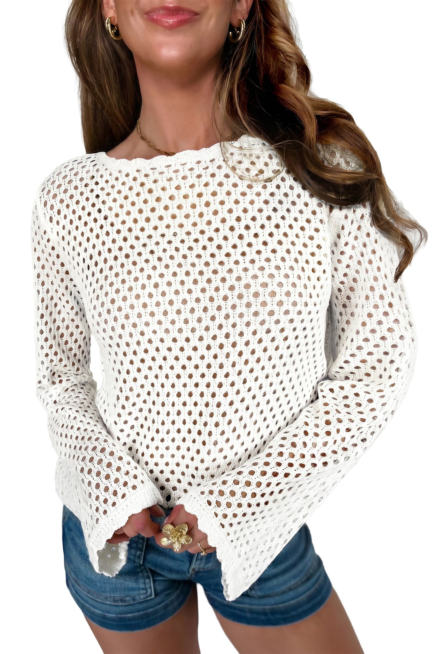 Yellow Cream Scalloped Trim Hollow Out Knit Long Sleeve Top
