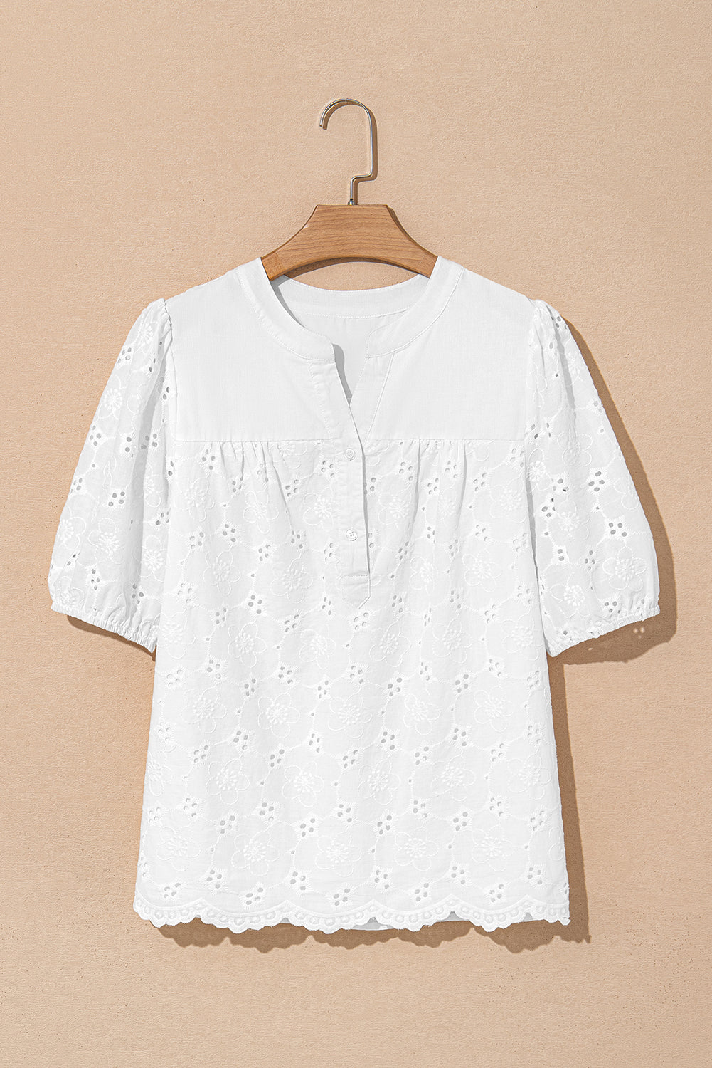 White Lace Crochet V Neck Half Sleeve Embroidery Button Down Blouses Casual Shirts
