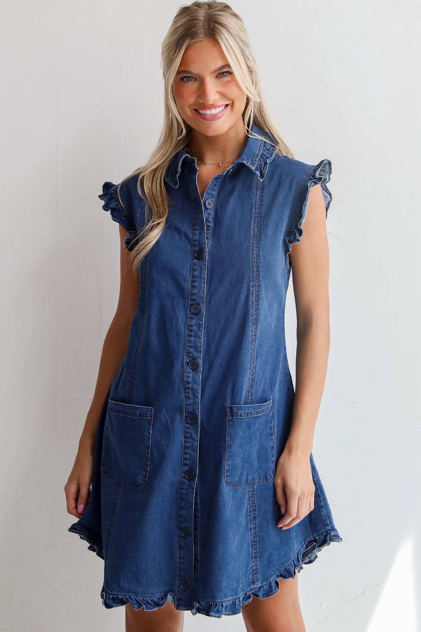 Beau Blue Ruffled Edge Collared Shift Denim Dress with Pockets