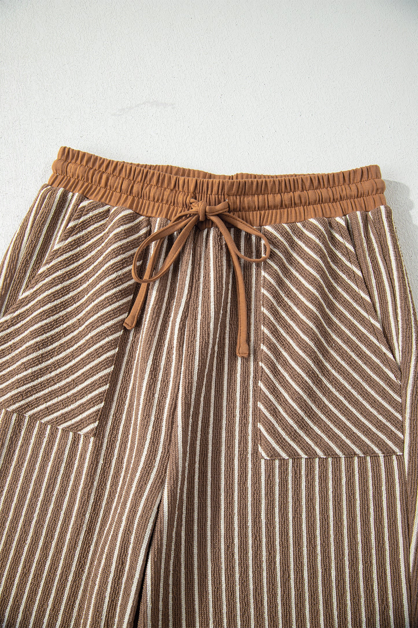 Khaki Stripe Crew Neck Tee Drawstring Waist Cropped Pants Set