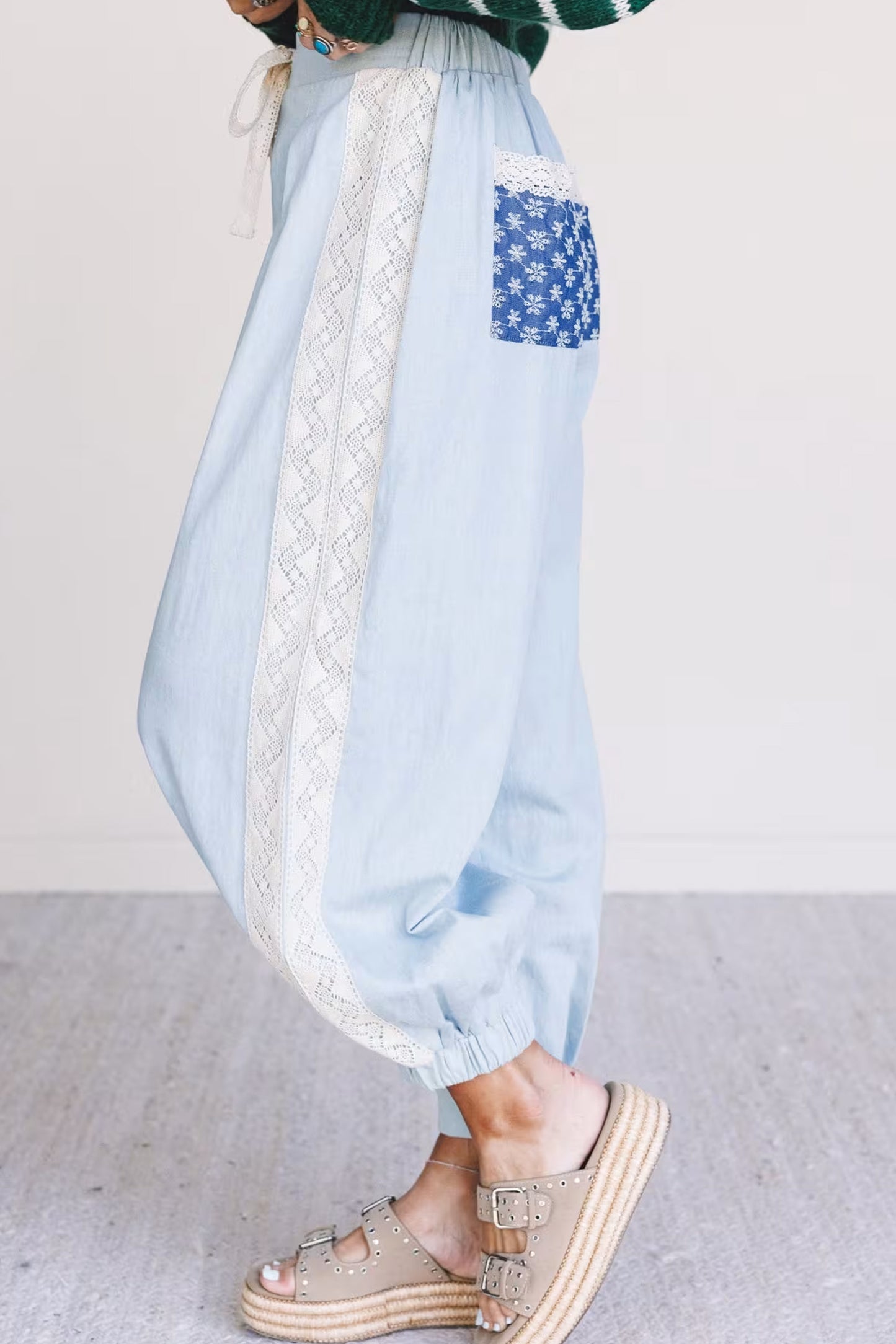 Beau Blue Lace Accent Floral Patched Pocket Pleated Wide Leg Slouchy Pants