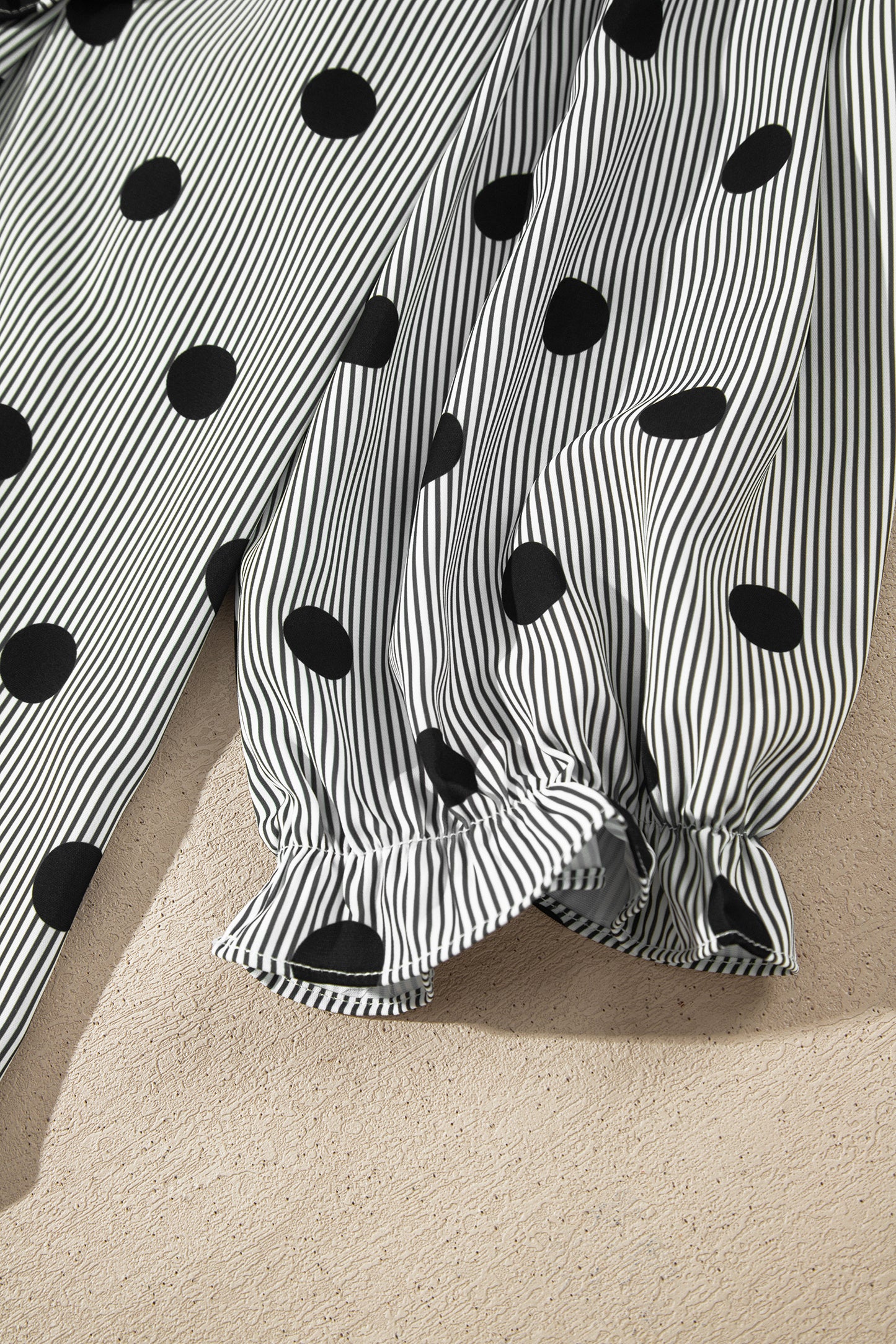 Black white Polka Dot Striped Print Ruffle Stand Neck 3/4 Sleeve Shift Shirt