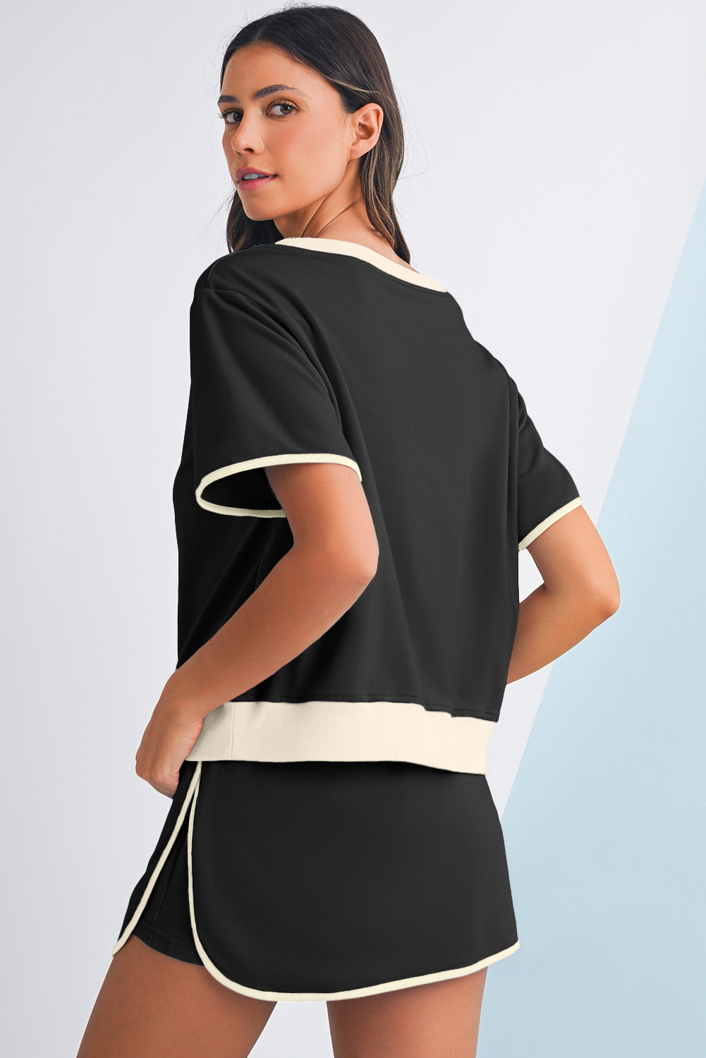 Moonlight Jade Colorblock Edge Drop Shoulder T Shirt and Skort 2Pcs Set