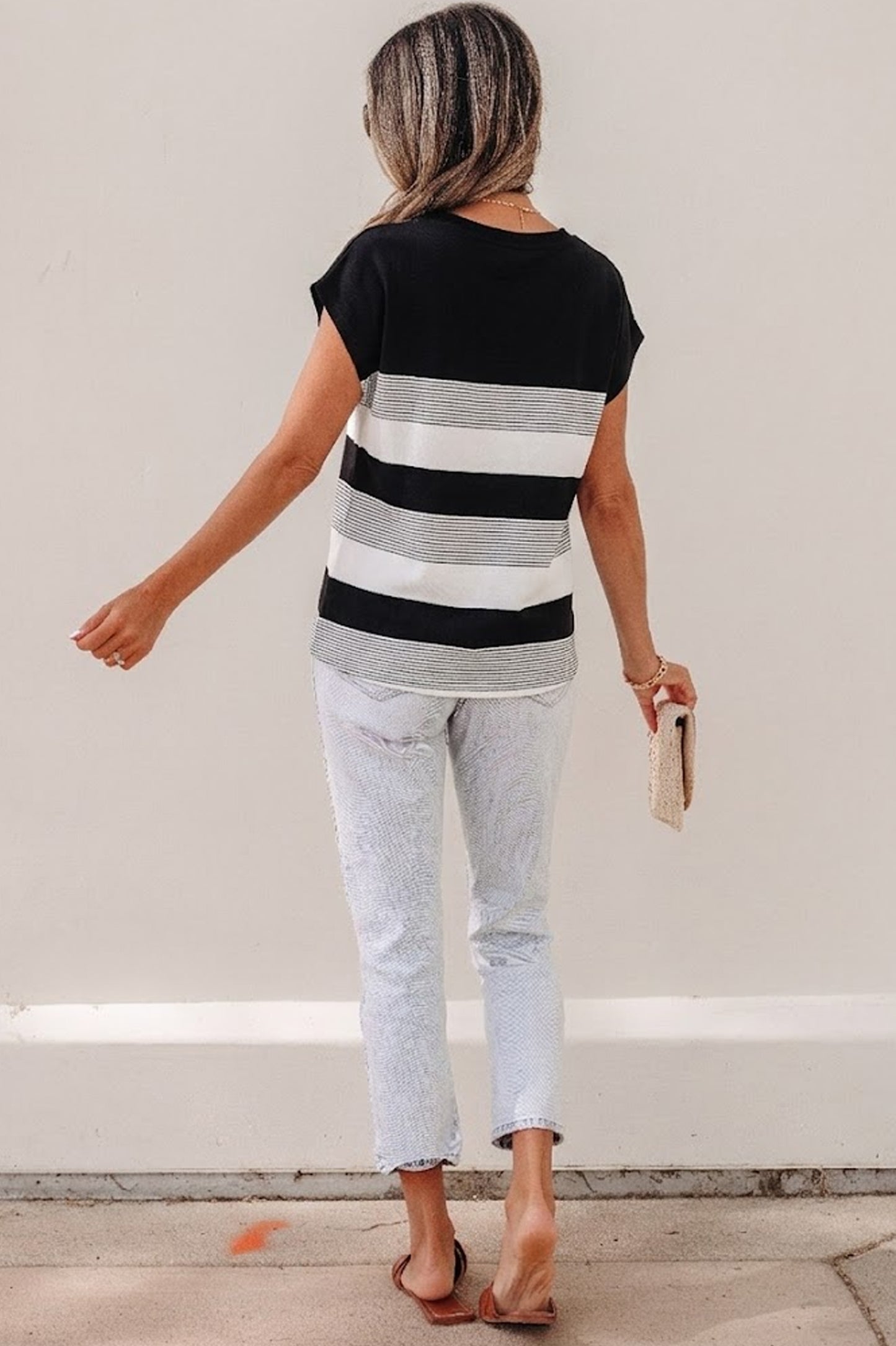 Black Stripe Mixed Print Crew Neck Cap Sleeve T Shirt