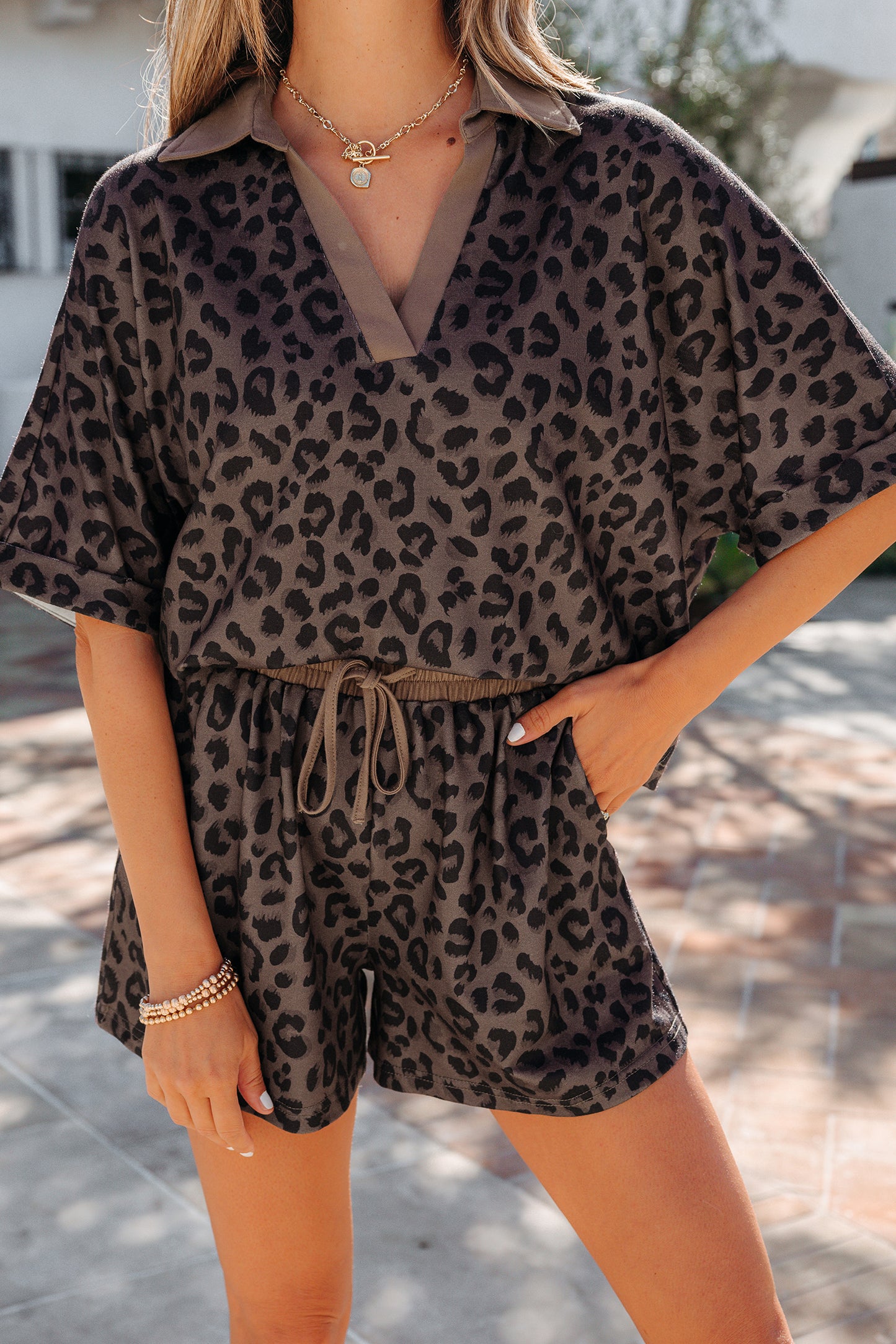 Khaki V Neck Collar Leopard Printed 2pcs Short Set
