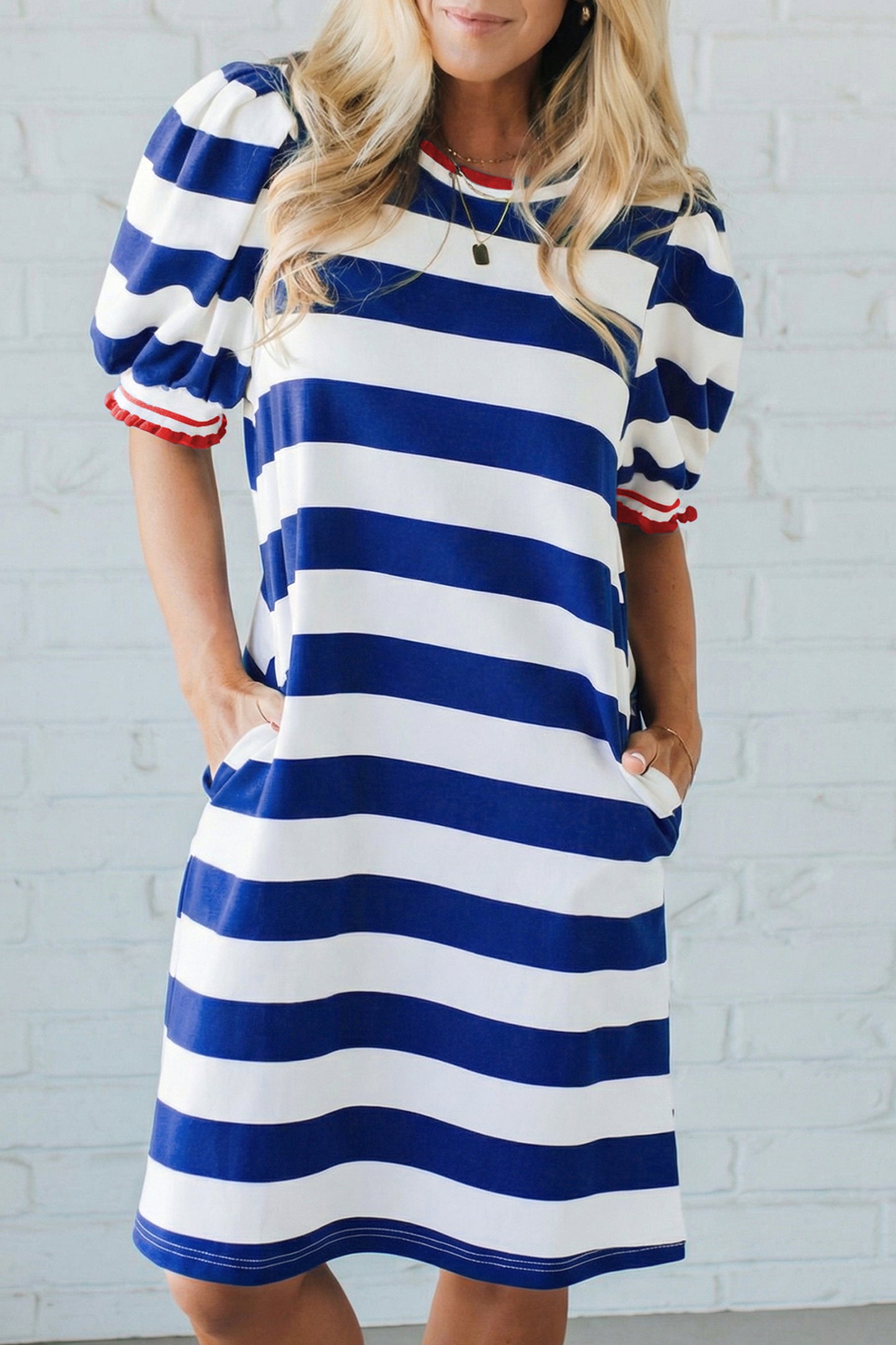 Red Stripe Contrast Trim Round Neck Short Puff Sleeve Shift Dress