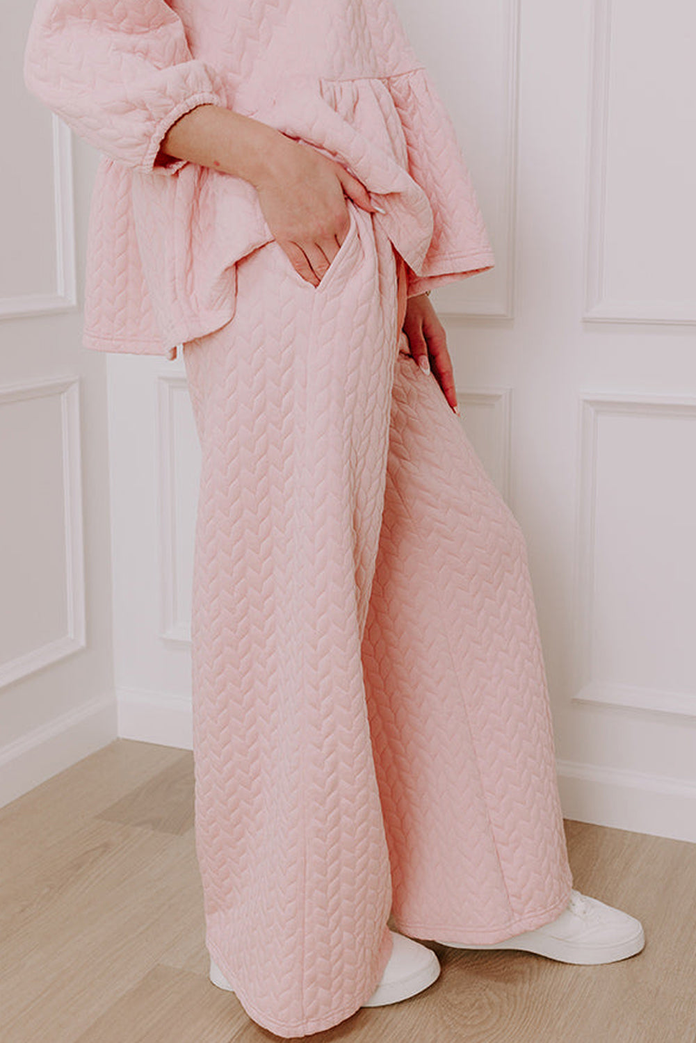 Delicacy Braided Texture Ruffle Hem Top Drawstring Loose Pants Set