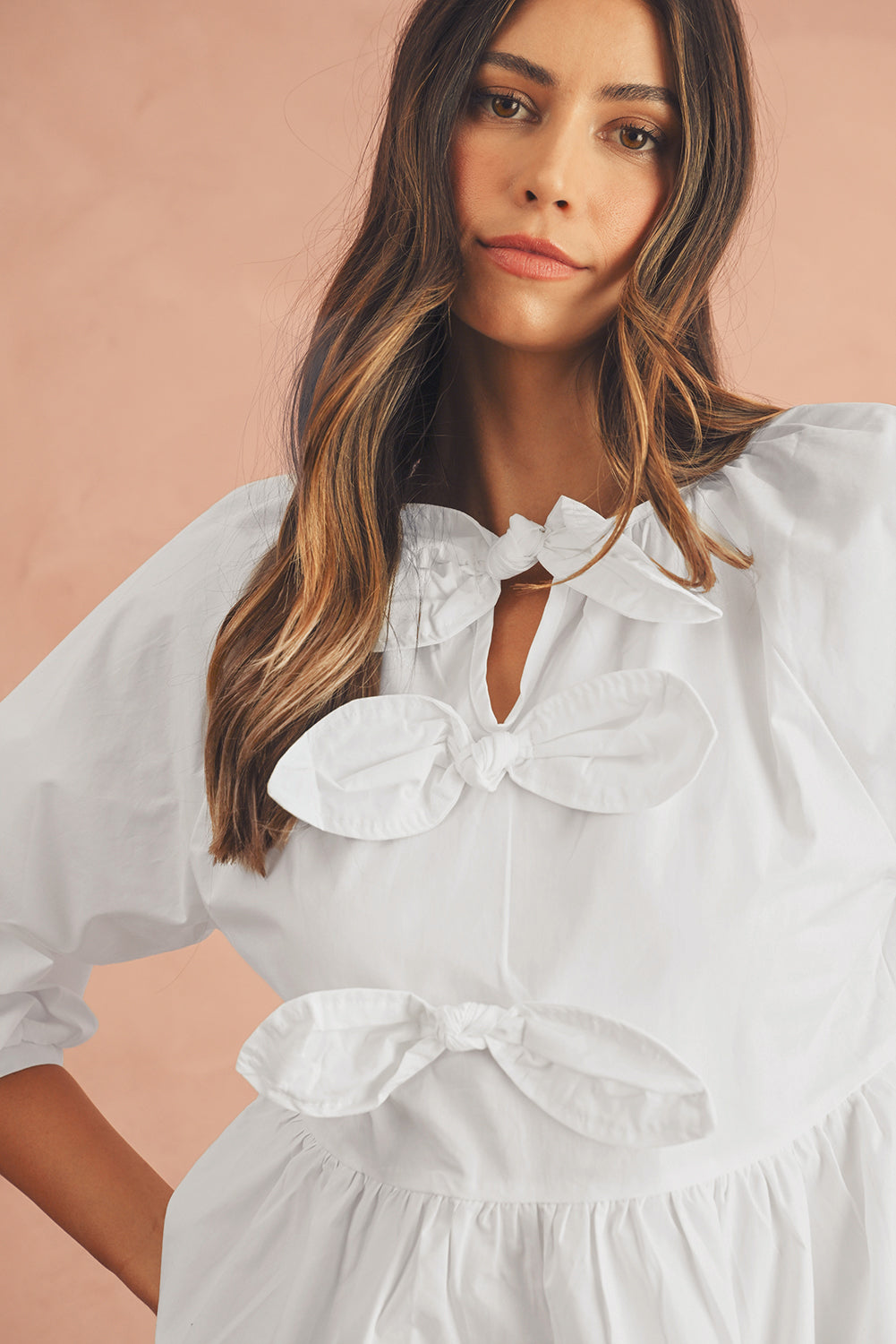 White Bow Knot Cutout Back Loose Fit 3/4 Sleeve Blouse
