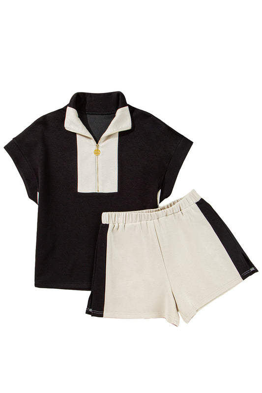 Black Colorblock Zipper Collar T Shirt and Shorts Set