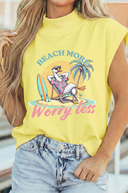 Yellow Beach More Worry Less Graphic Mock Neck Tee