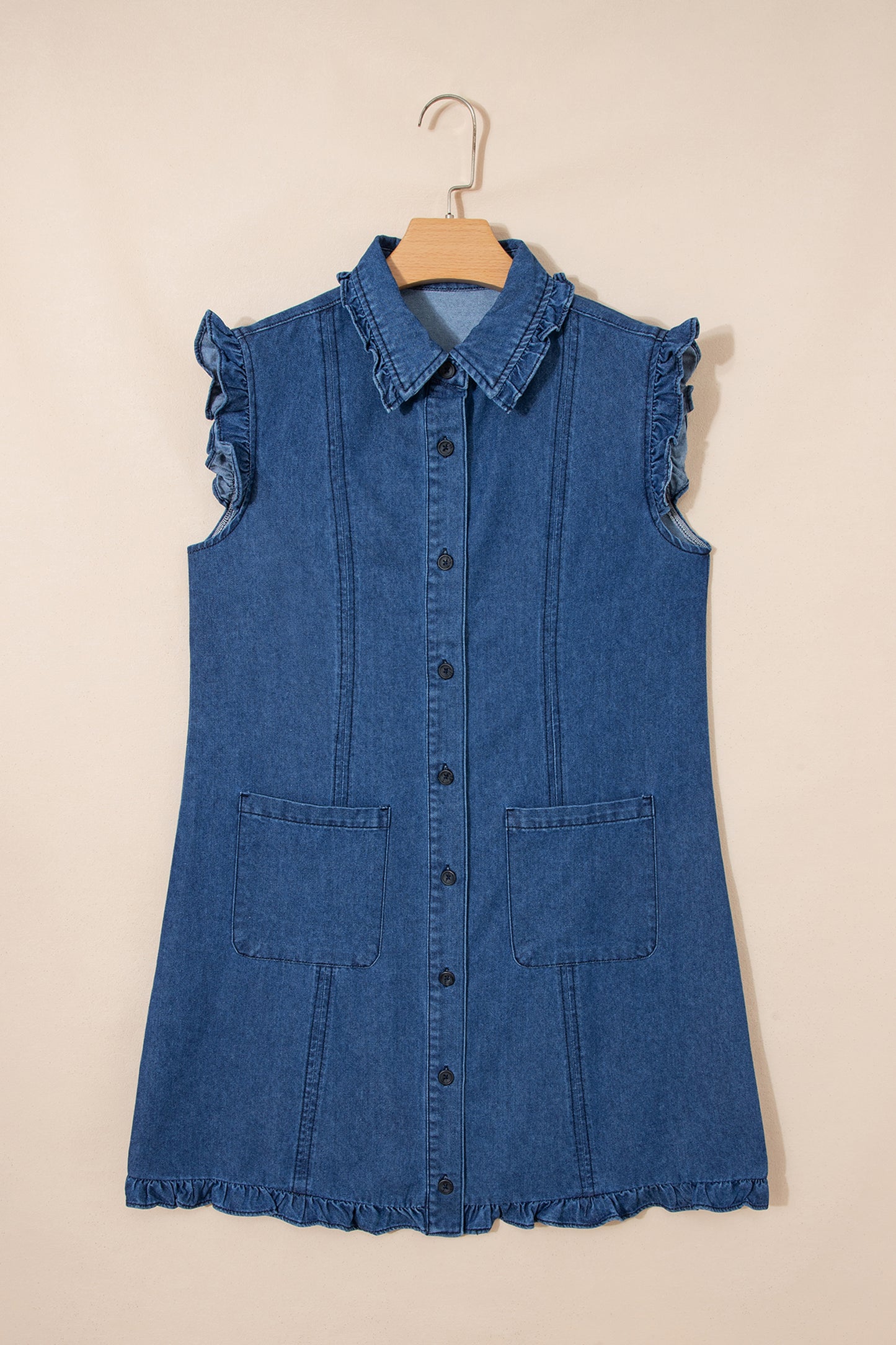 Beau Blue Ruffled Edge Collared Shift Denim Dress with Pockets