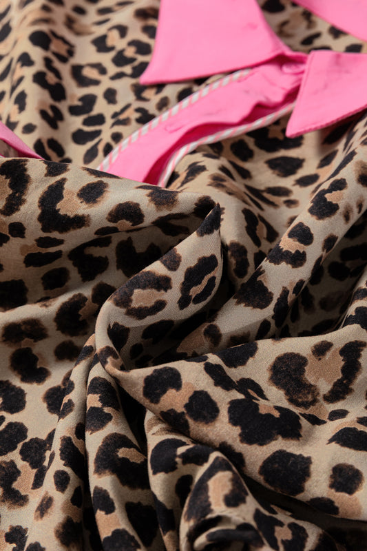 Brown Contrast Trim Leopard Top and Pant Set