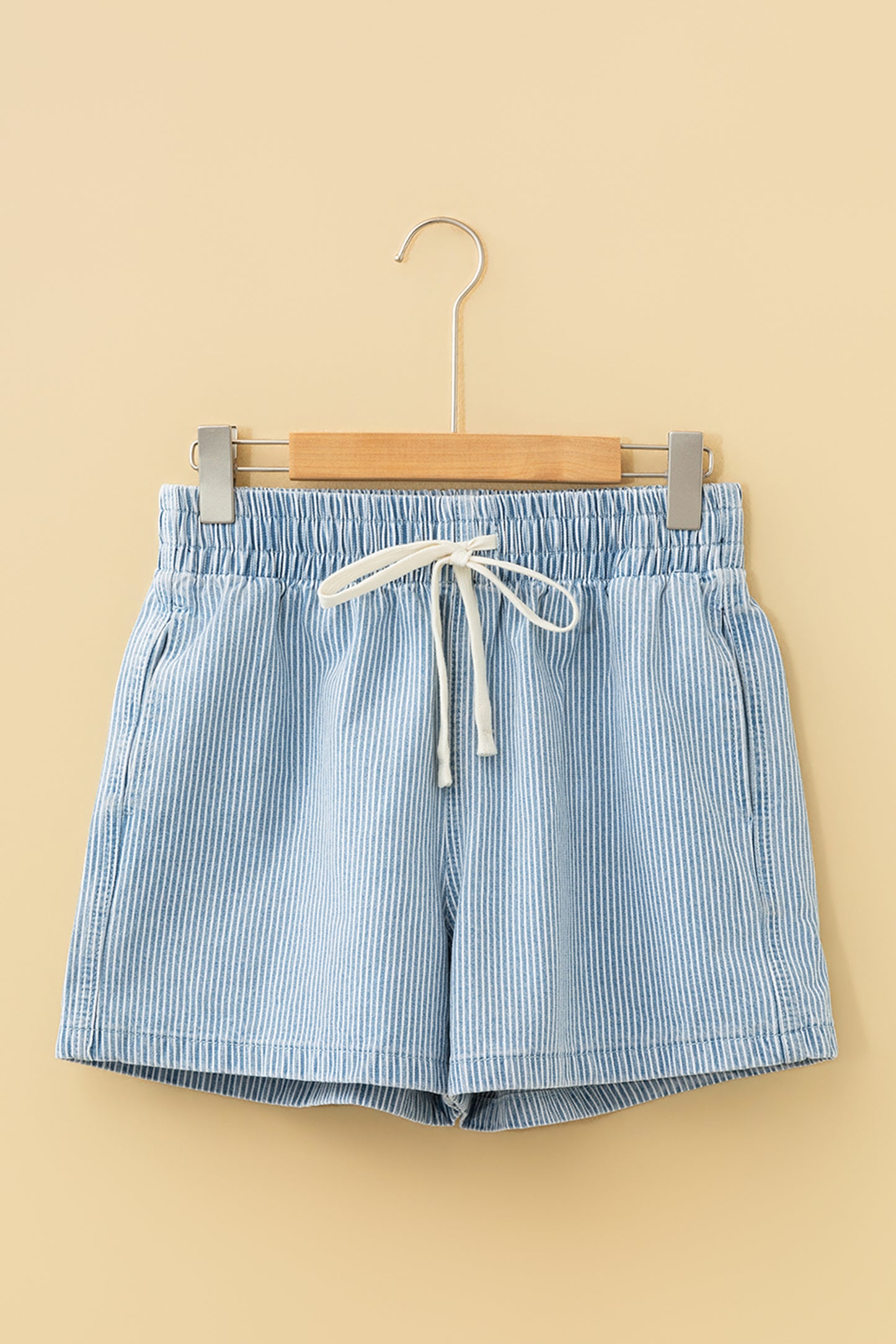 Pink Stripe Drawstring Elastic Waist Casual Denim Shorts