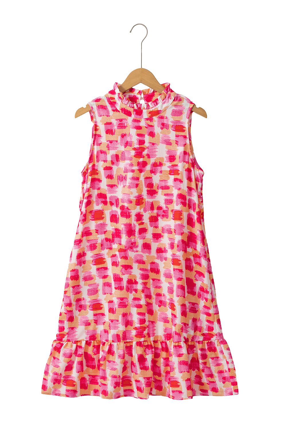 Pink Abstract Print Frill Neck Sleeveless Mini Dress