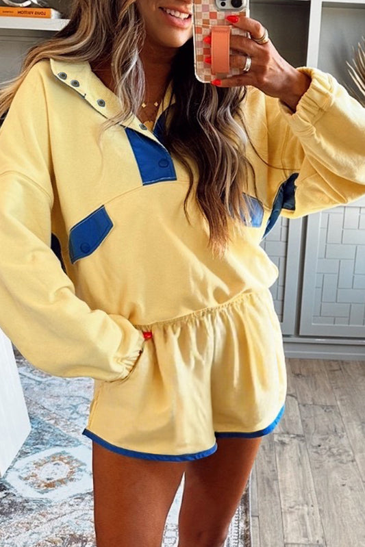 Yellow Colorblock Patchwork Half Button Pullover and Shorts Outfit