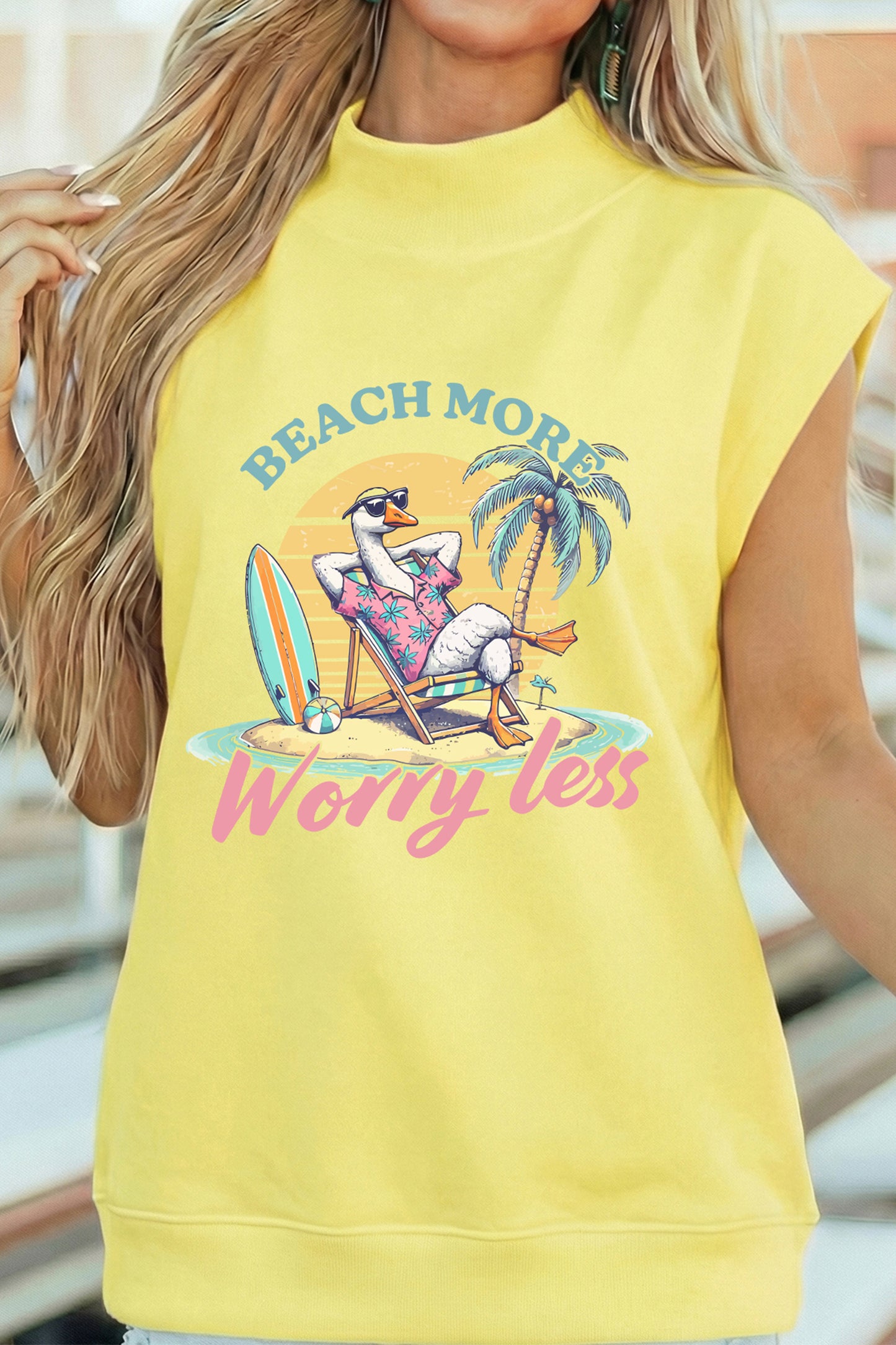 Yellow Beach More Worry Less Graphic Mock Neck Tee
