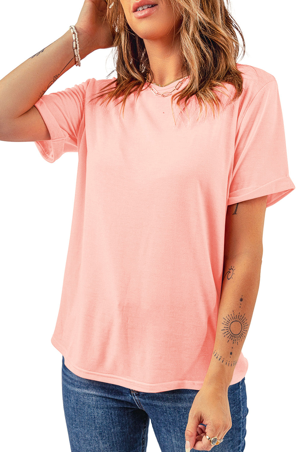 Sachet Pink Solid Color Basic Crew Neck Plain Tee