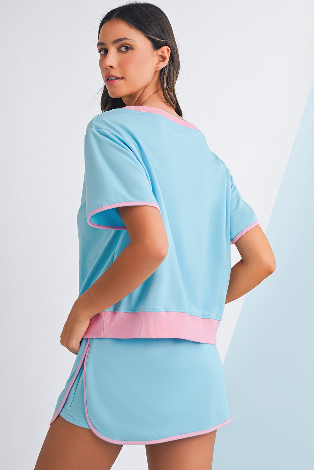 Moonlight Jade Colorblock Edge Drop Shoulder T Shirt and Skort 2Pcs Set