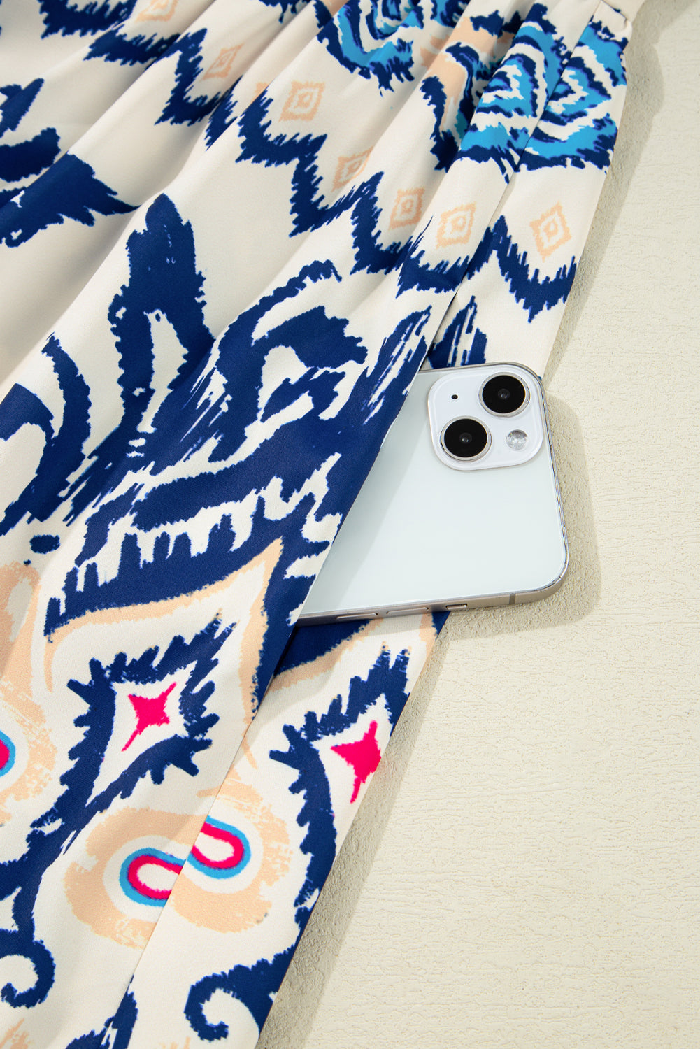 Blue Ethnic Print Pop of Color Neckline Long Sleeve Dress