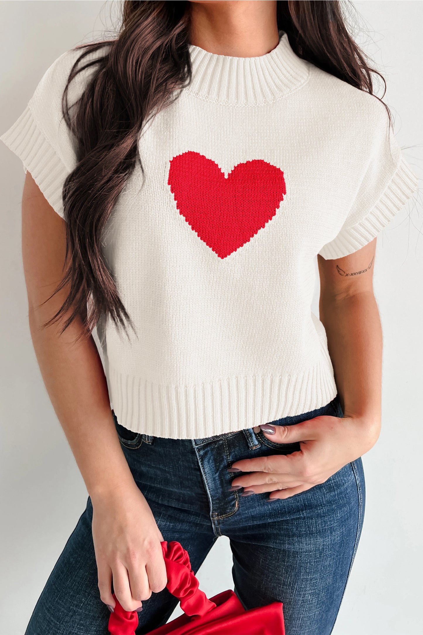 Pink Valentine Heart Graphic Cropped Short Sleeve Sweater