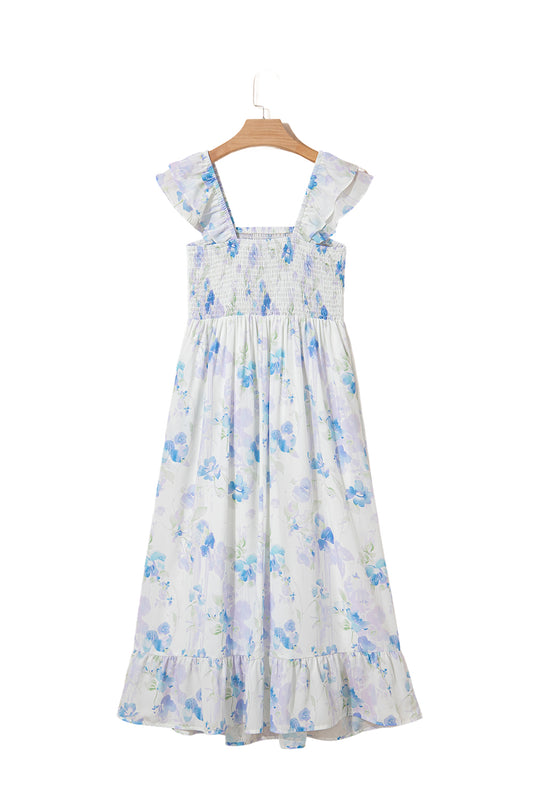 Sky Blue Floral Smocked High Waist Ruffle Sleeveless Long Dress