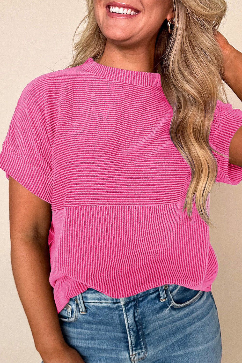 Bright Pink Plain Corded Mock Neck T Shirt