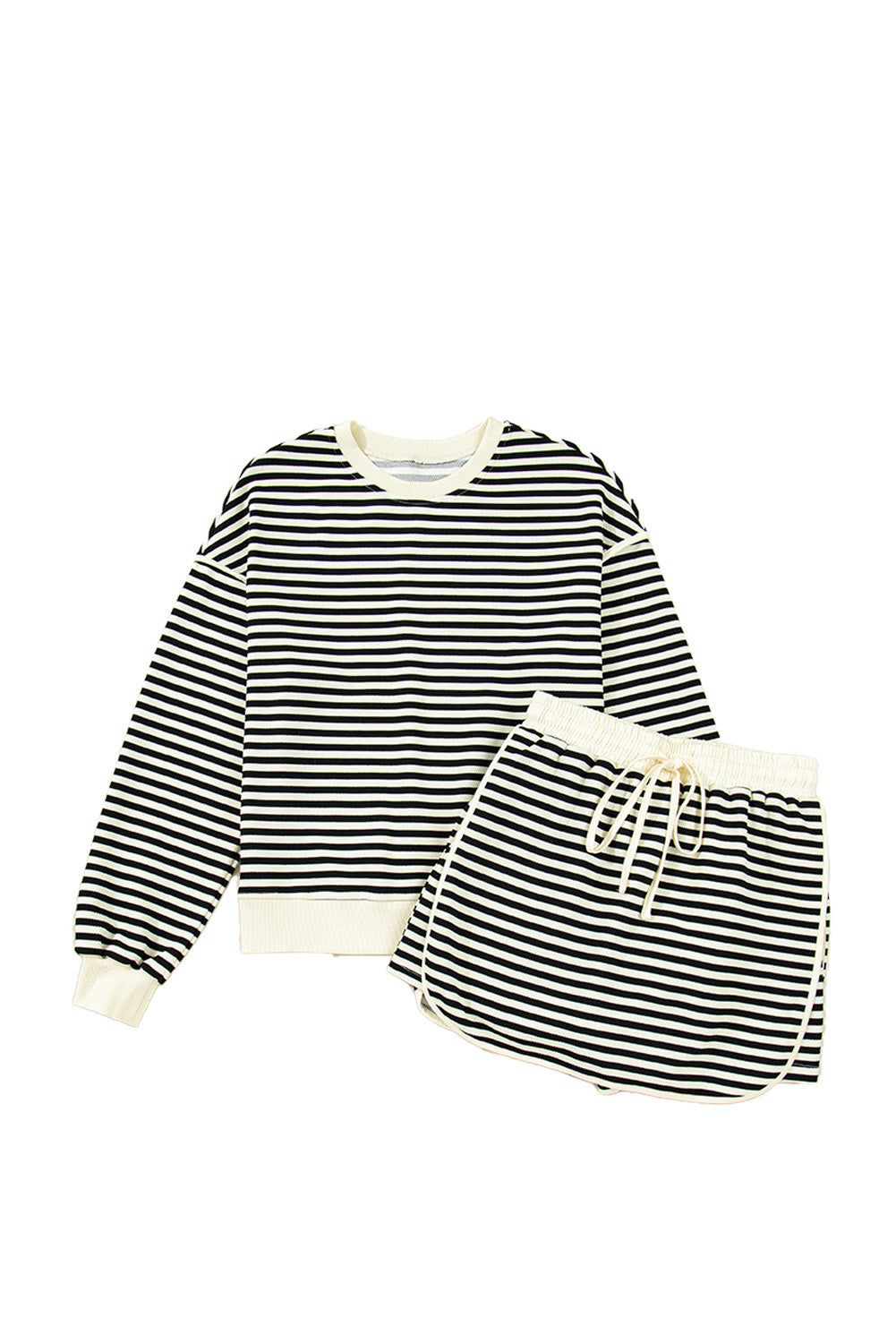Black Stripe Textured Drop Shoulder Pullover Top Drawstring Mini Skort Two Piece Dress Set