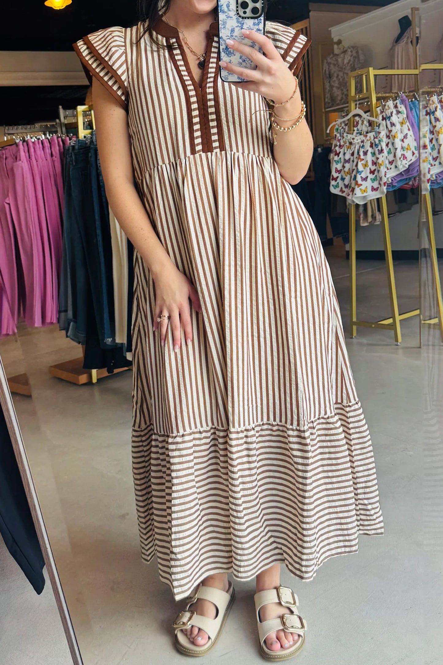 Black Stripe Plus Size Slit V Neck Tiered Flutter Sleeve Maxi Dress