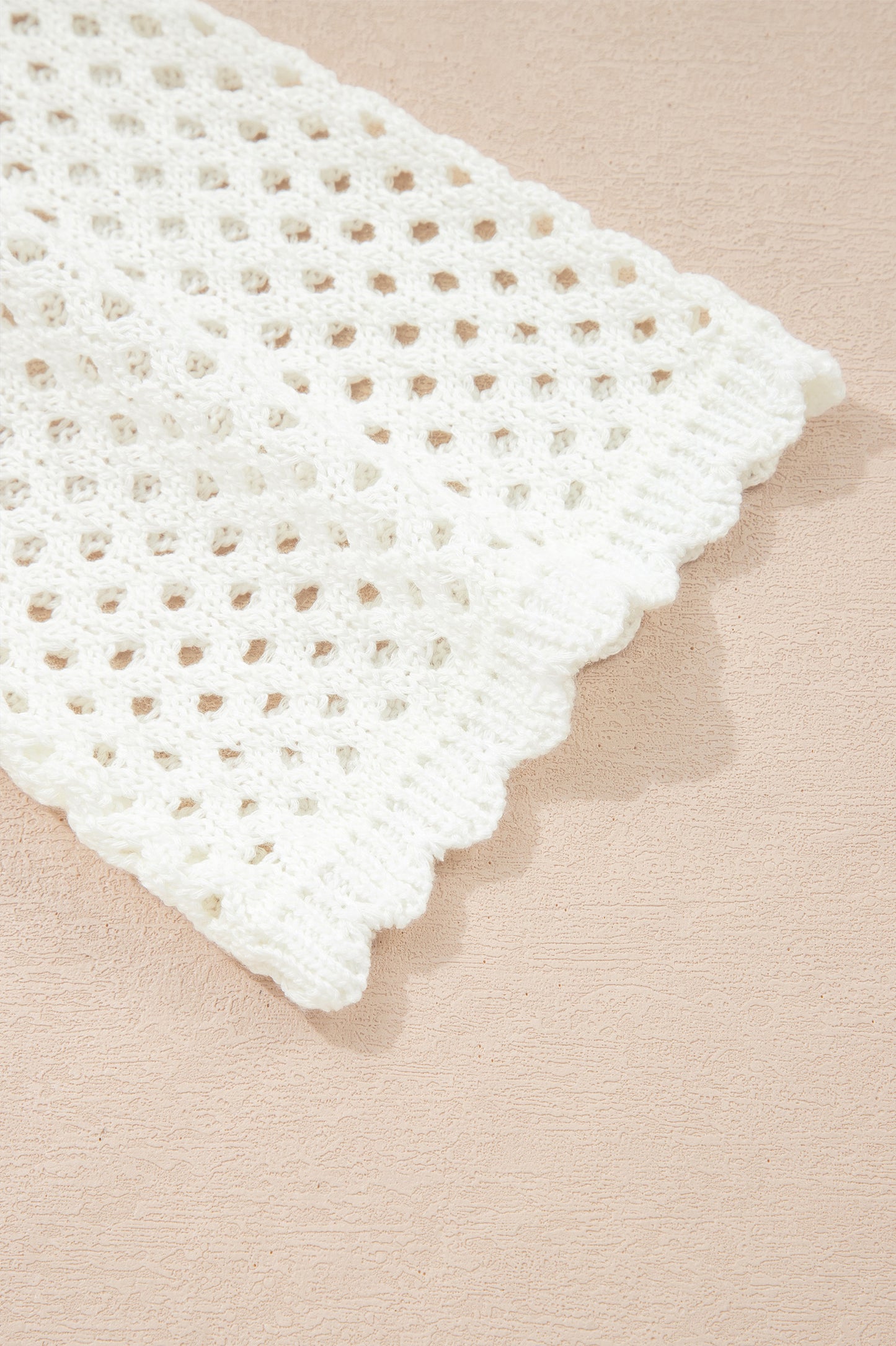 Yellow Cream Scalloped Trim Hollow Out Knit Long Sleeve Top