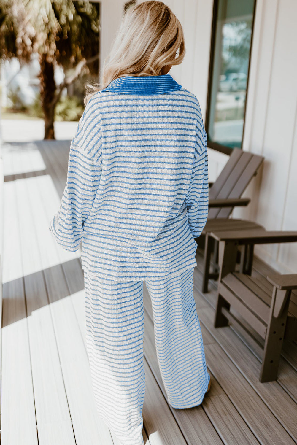 Sky Blue Stripe Textured Collared Pullover Top and Drawstring Pants Set