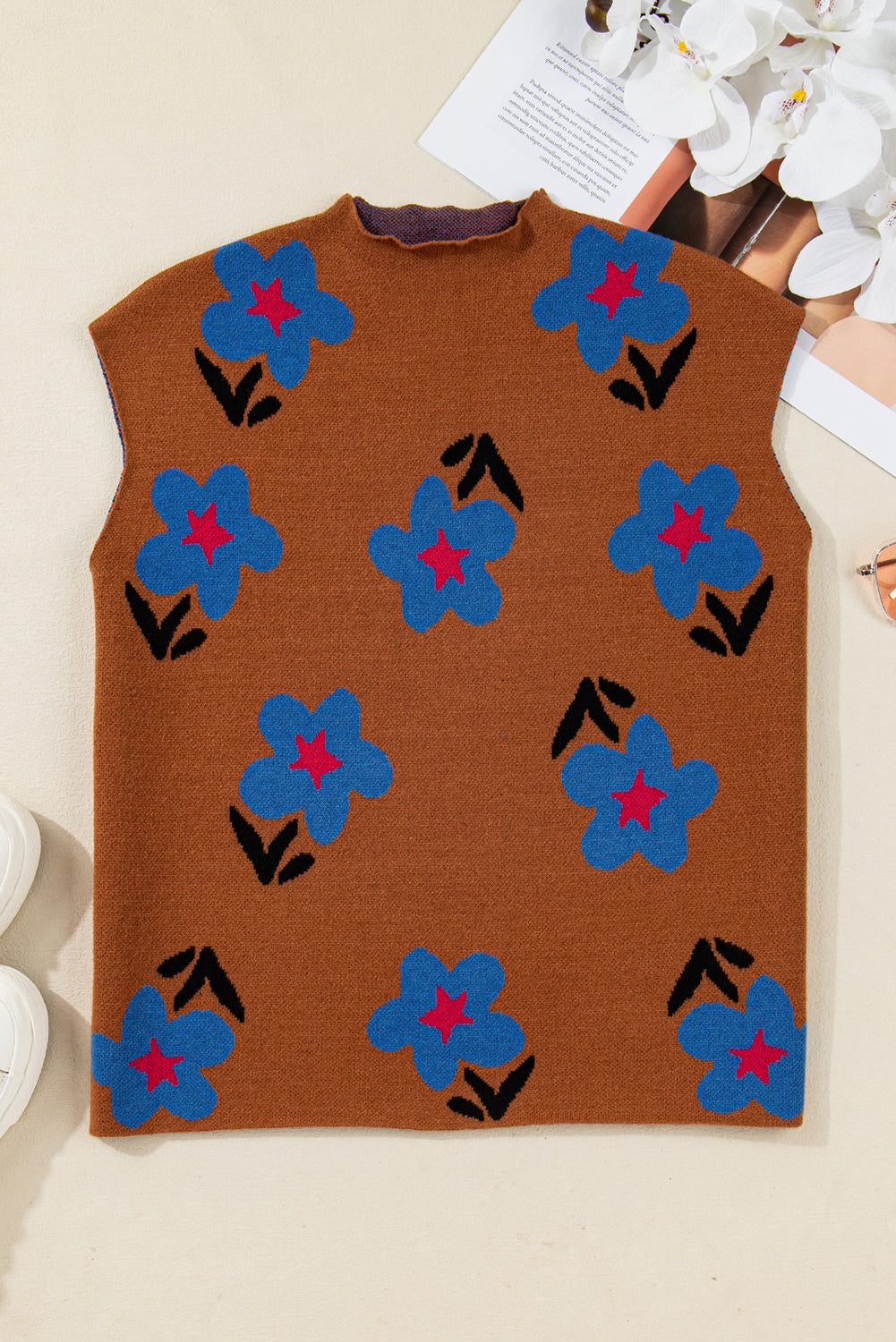Chestnut Floral High Neck Sweater Vest
