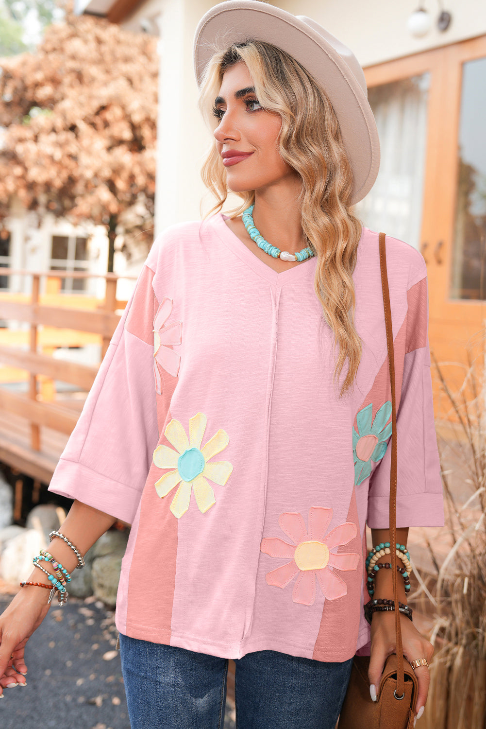 Light Blue Flower Patched Exposed Seam 3/4 Sleeve top