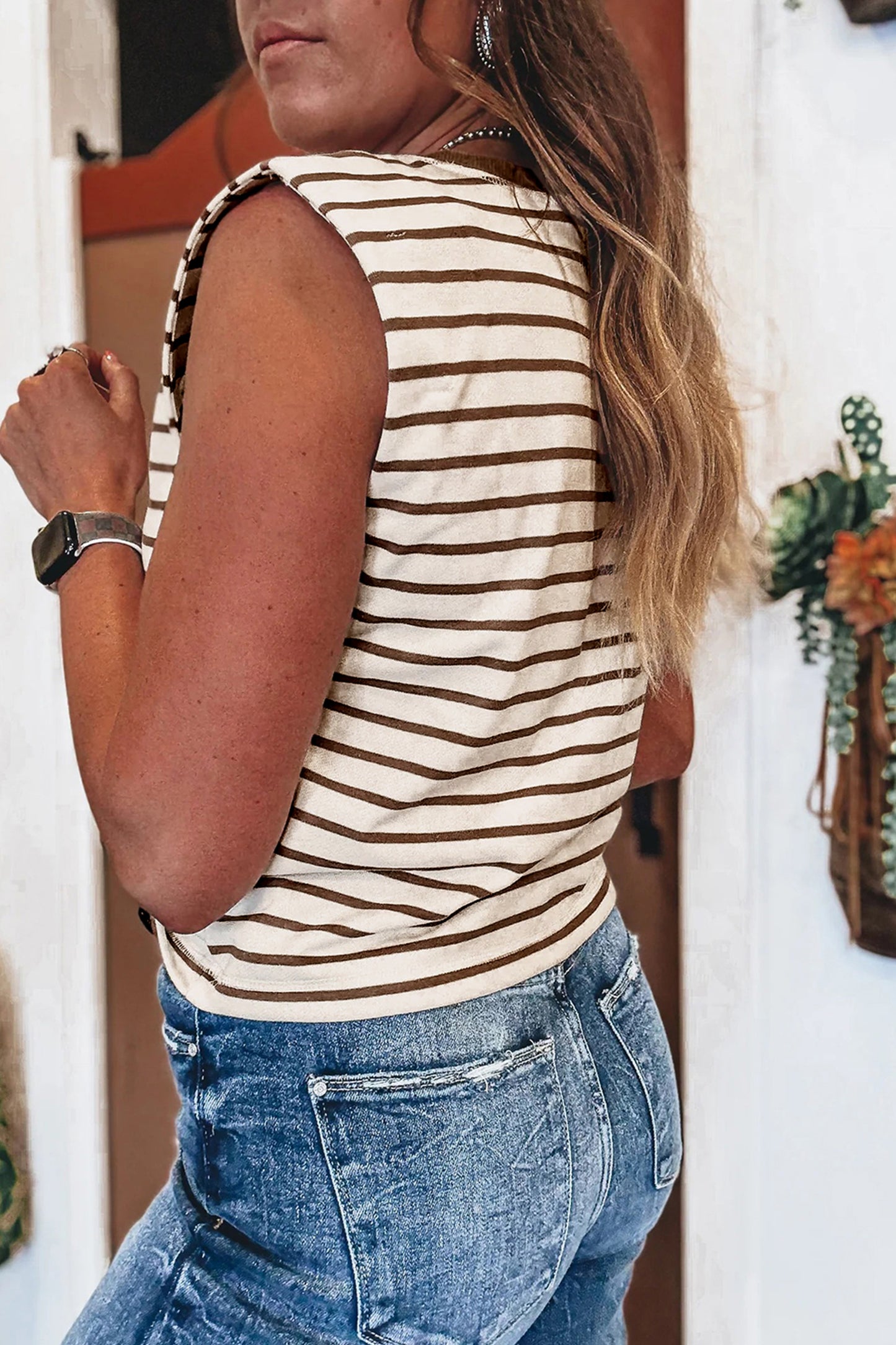 Red Stripe Ribbed Round Neck Trim Loose Tank Top