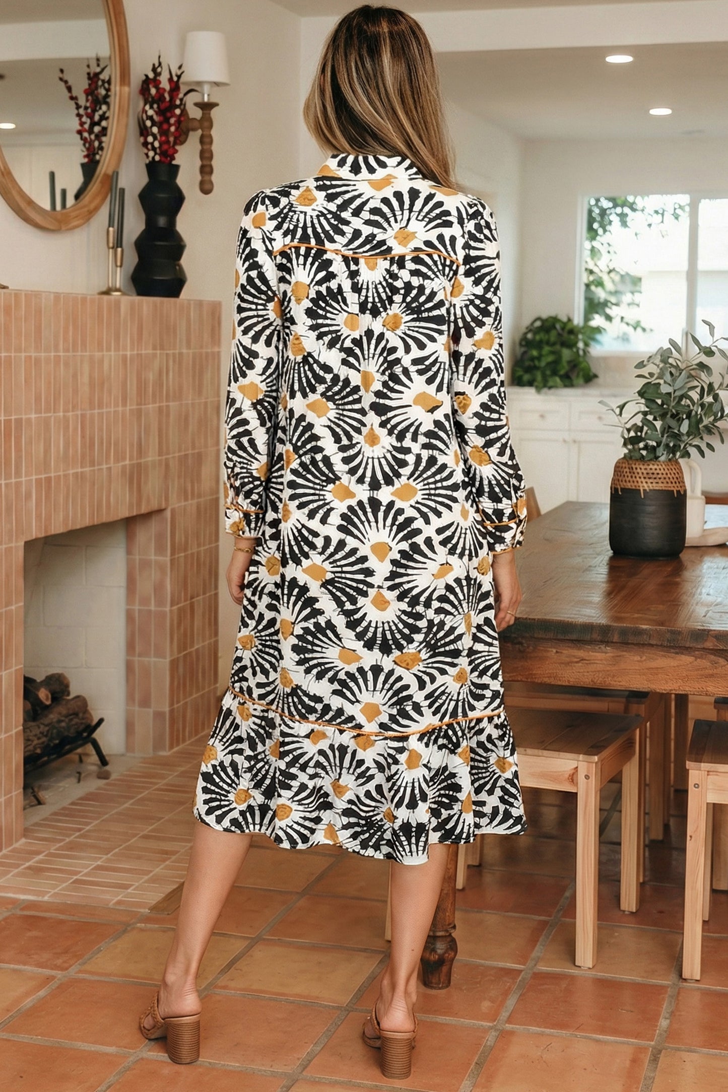 Black Abstract Floral Print Split V Neck Long Dress with Sleeves