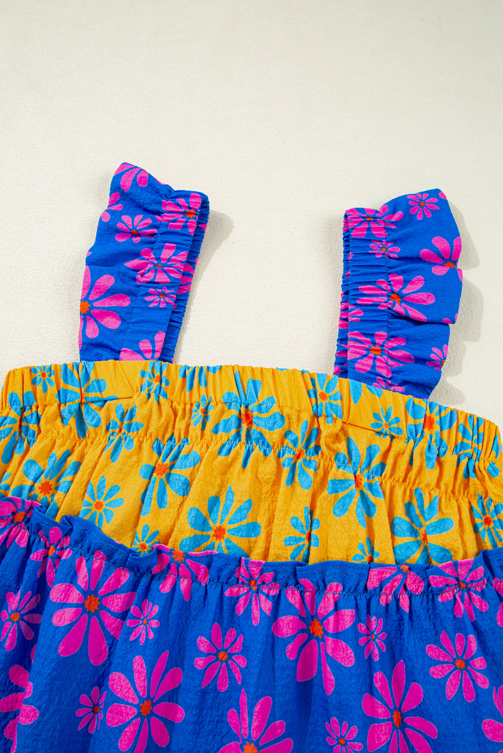 Blue Flower Colorblock Smocked Flutter Straps Flowy Top