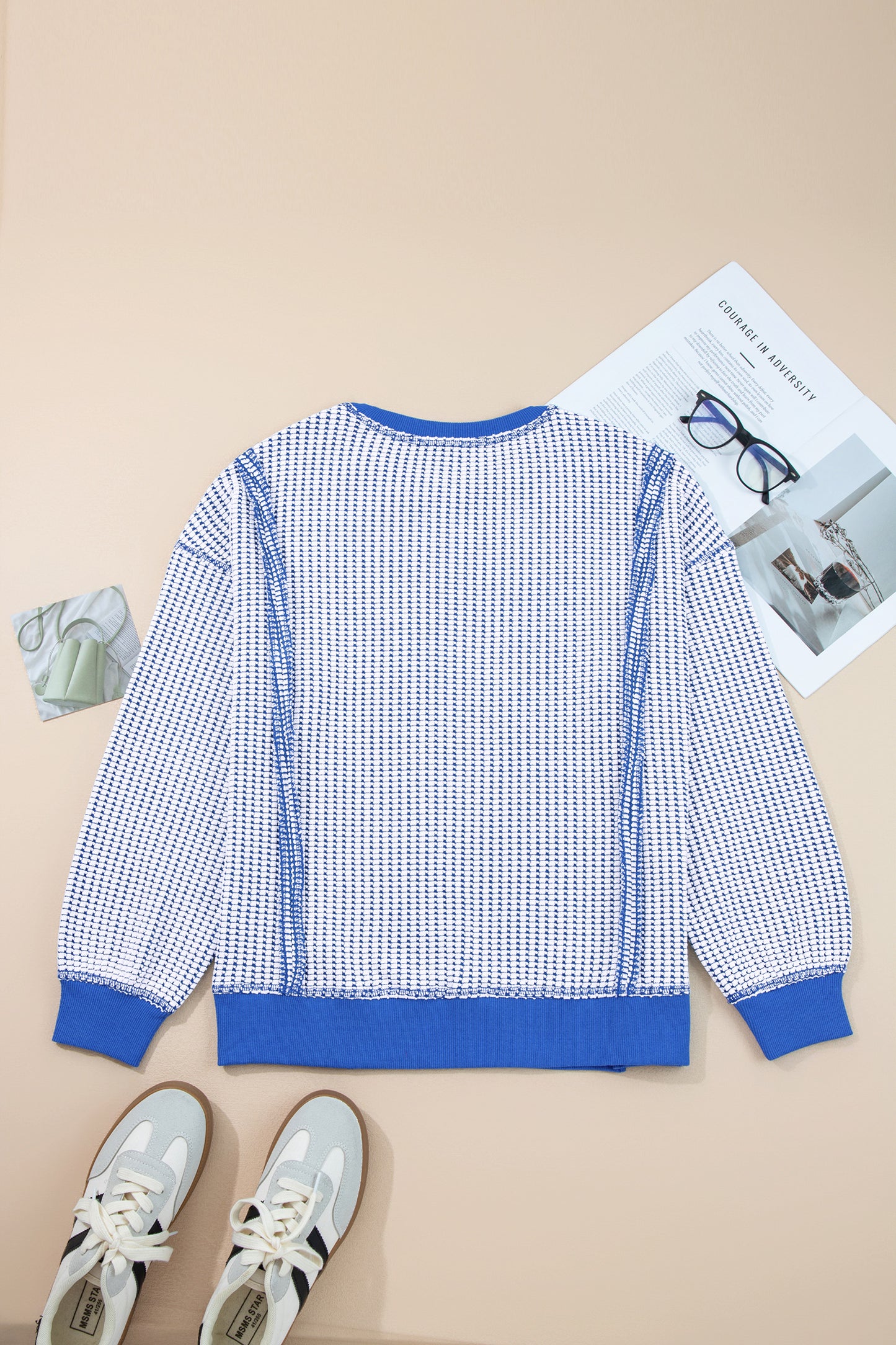 Dark Blue Waffle Knit Exposed Stitching Casual Top with Side Slits