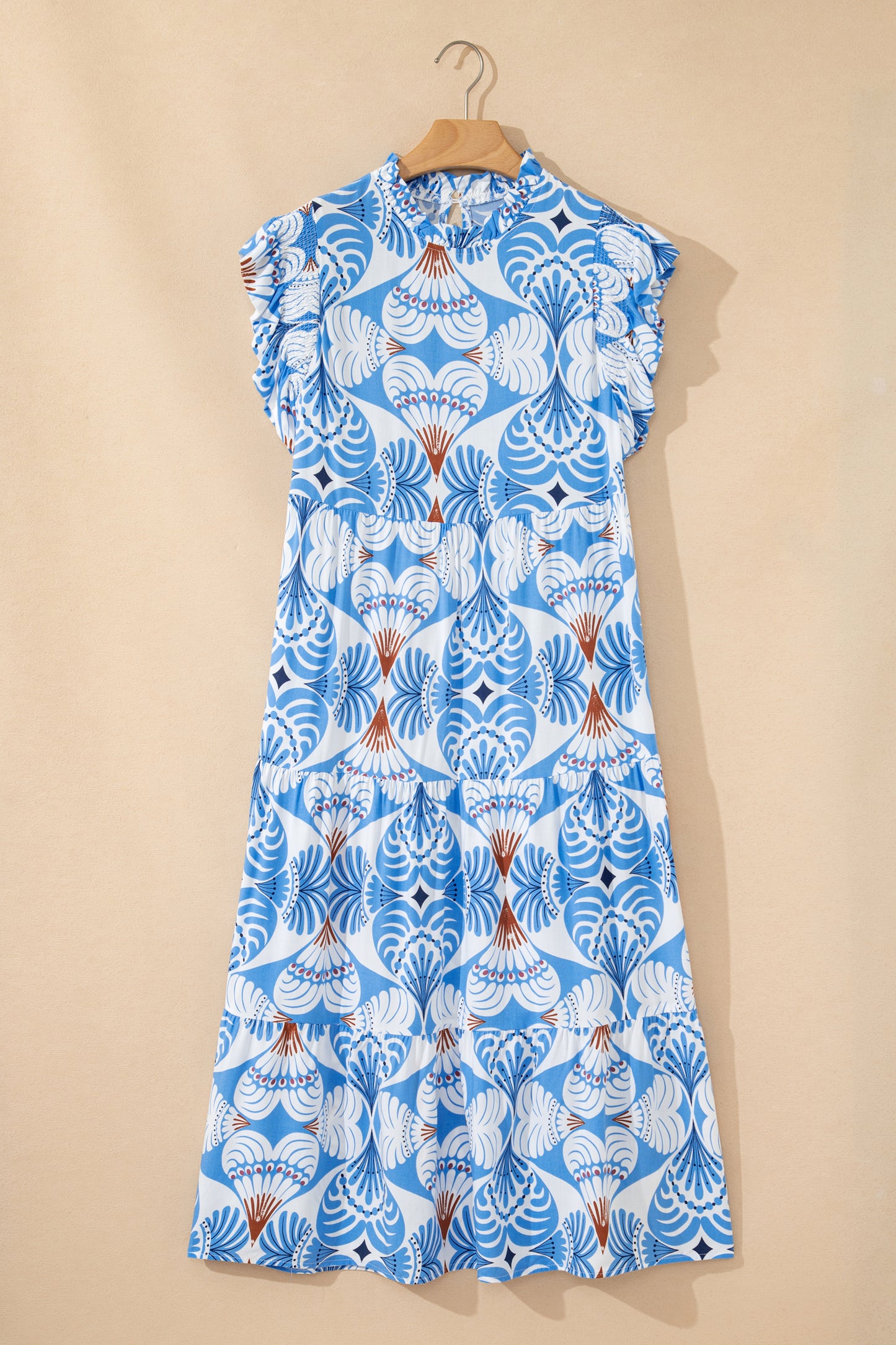 Sky Blue Tropical Botanic Print Flutter Sleeve Vacation Long Dress